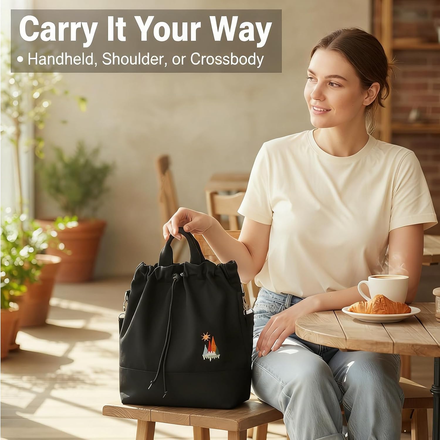 Women Canvas Tote Handbags Casual Shoulder Work Bag Crossbody Bag with Sunshine Embroidery - Image 2