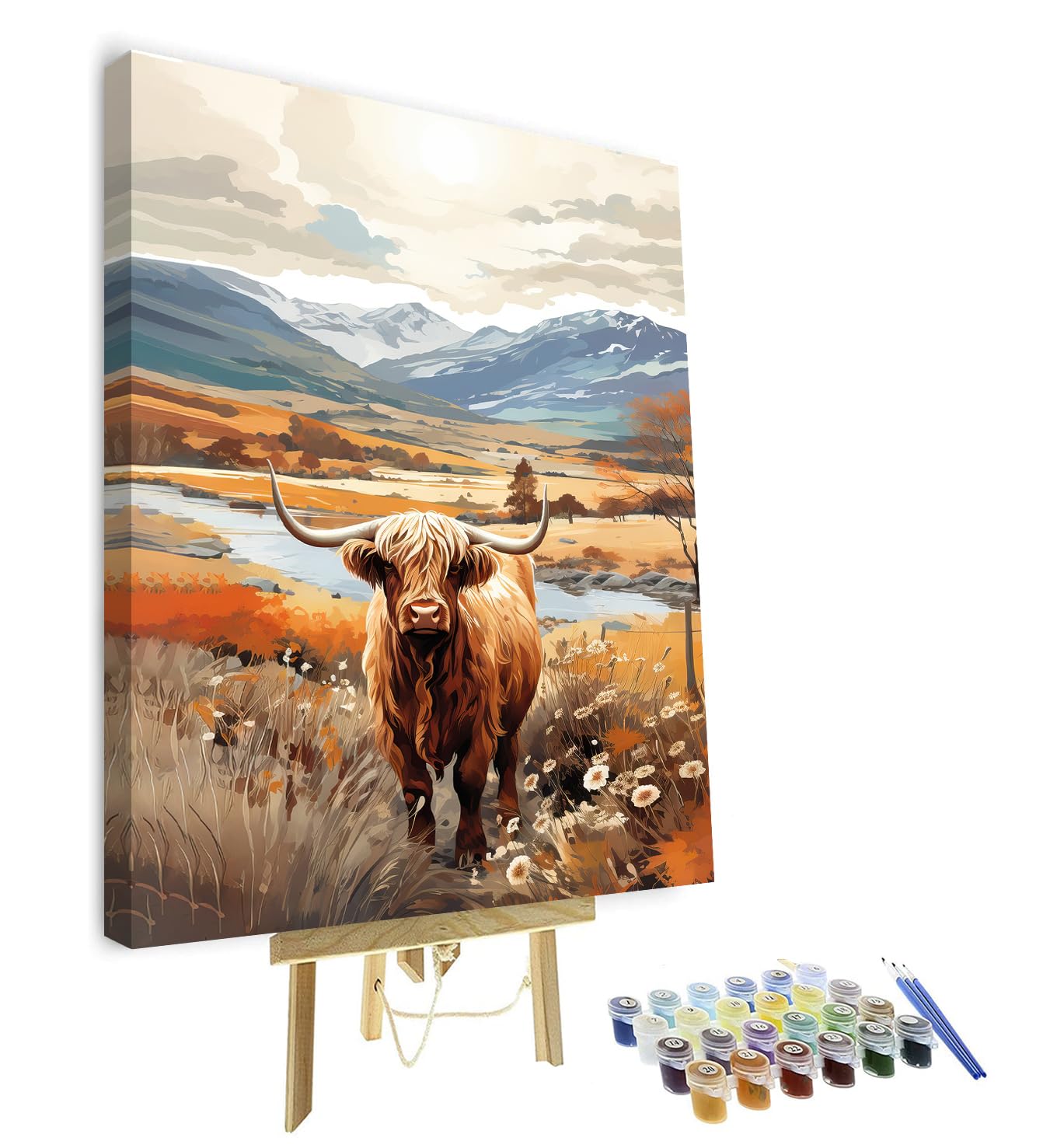 DIY Rahmen Malen nach Zahlen Erwachsene mit Pinseln Hochland Kuh Öl Hand Malen Tiere Erwachsene Malen nach Zahlen Landschaft Malen nach Zahlen Kits auf Leinwand 40 x 50 cm