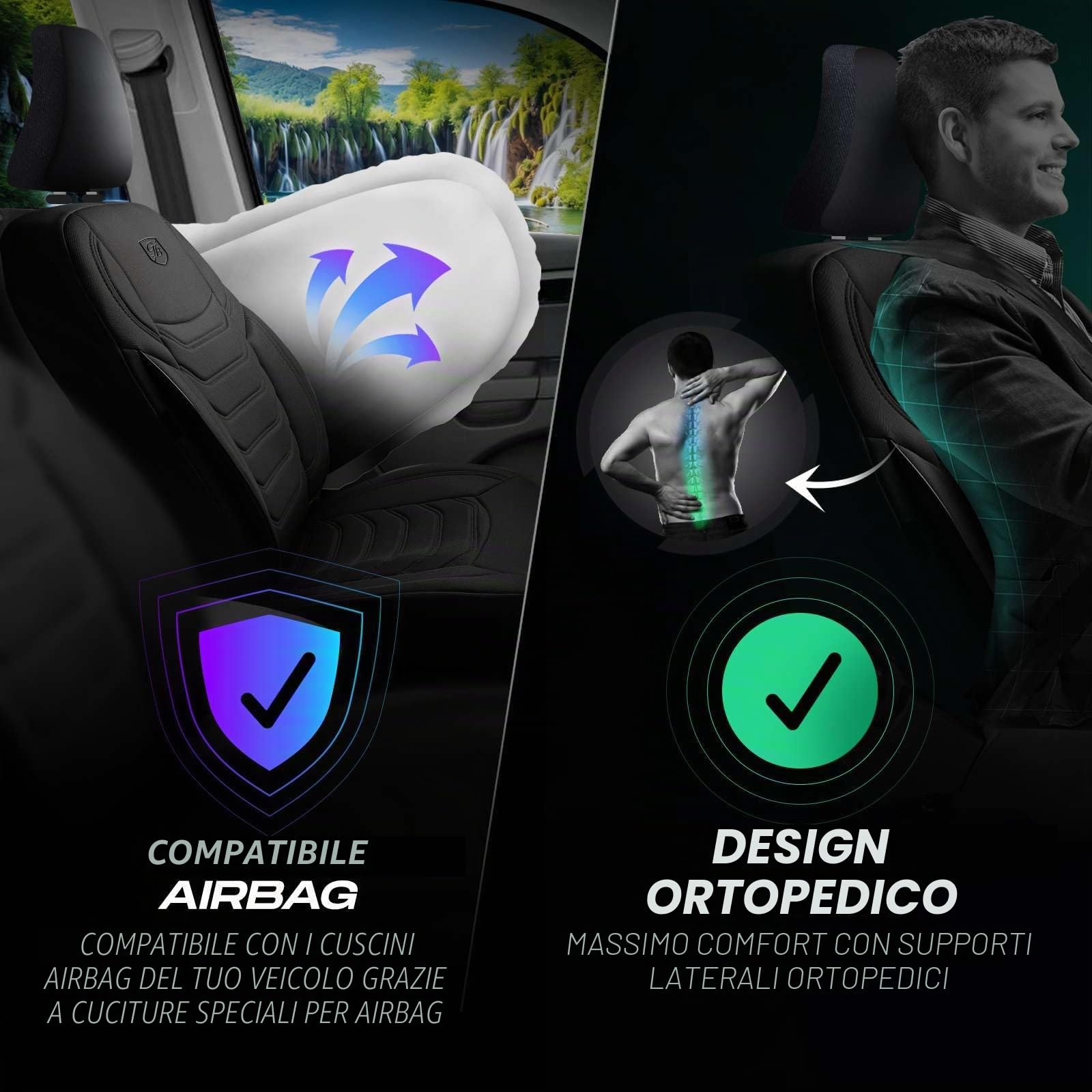 Coprisedili universali per auto e SUV – Coprisedili anteriori di alta qualità, in tessuto Lacoste, nero, compatibili con airbag, coprisedile auto, set di montaggio incluso