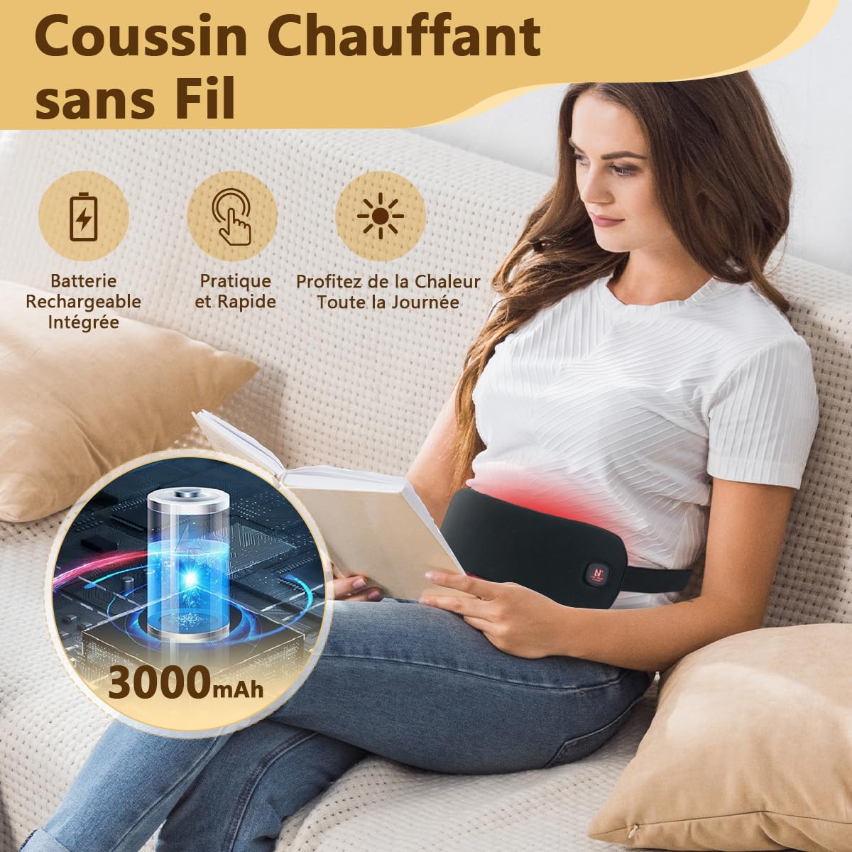 Aroma Season Coussin Chauffant pour Douleurs Menstruelles, 3000mAh, Ceinture Chauffante sans Fil avec 3 Niveaux de Température, Ceinture Abdominale Réchauffante, Cadeau pour Femme et Fille (Noir)