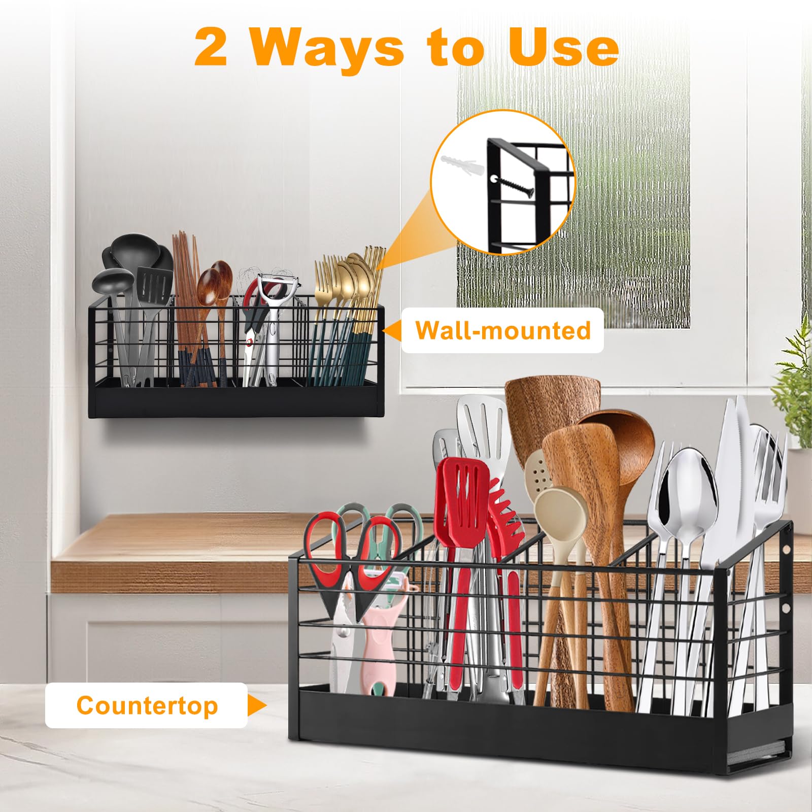 Porte-ustensiles de Cuisine, 4 Compartiments Porte-Couverts avec Base en Diatomite, Organiseur d’ustensiles pour Comptoir ou Mural, Grand Rangement d'outils de Cuisine, Noir
