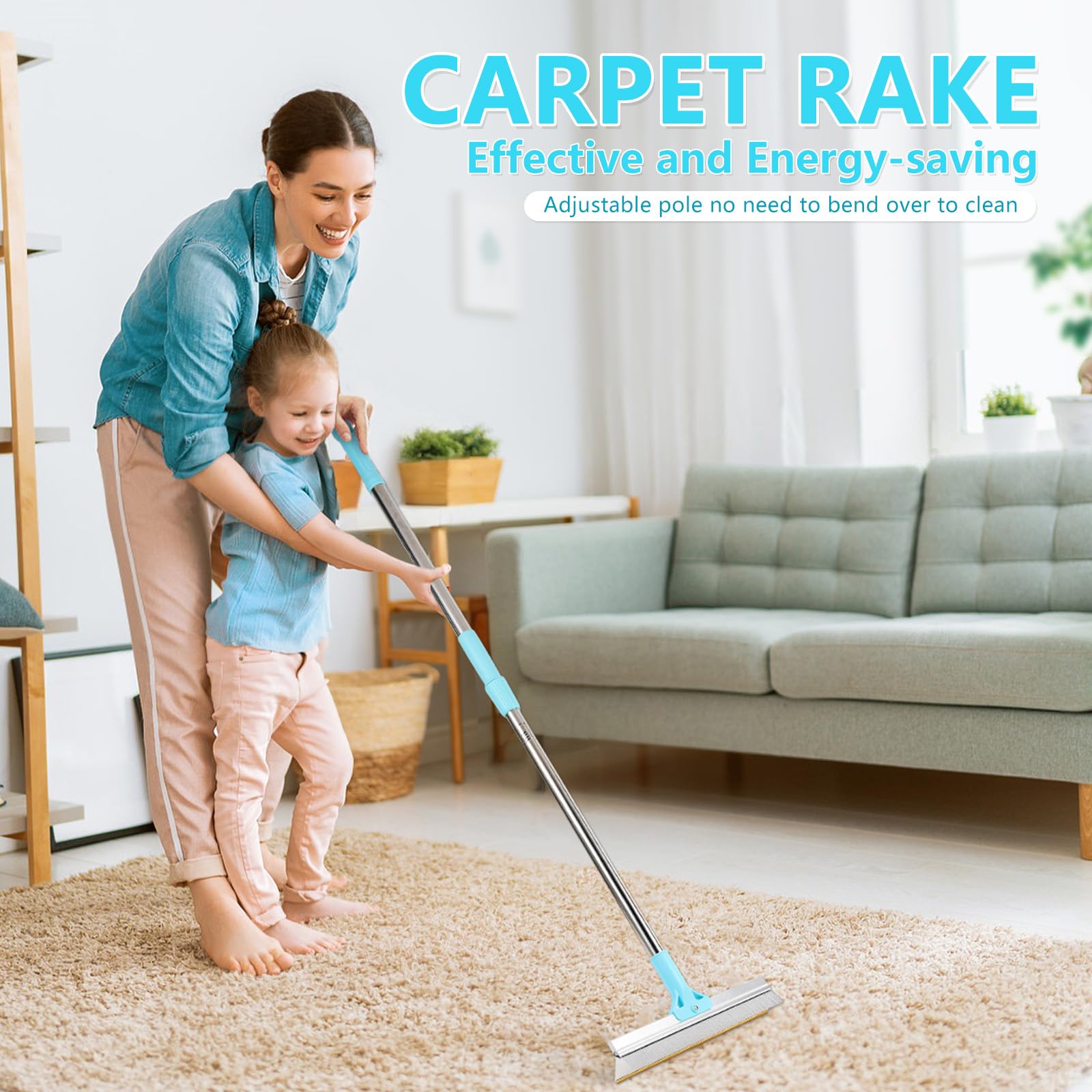 Carpet Rake for Pet Hair Removal, 2-in-1 Adjustable Cat Dog Hair Remover Tool, Long Handle Carpet Rake Scraper, Pet Hair Removal Broom for Laundry, Furniture