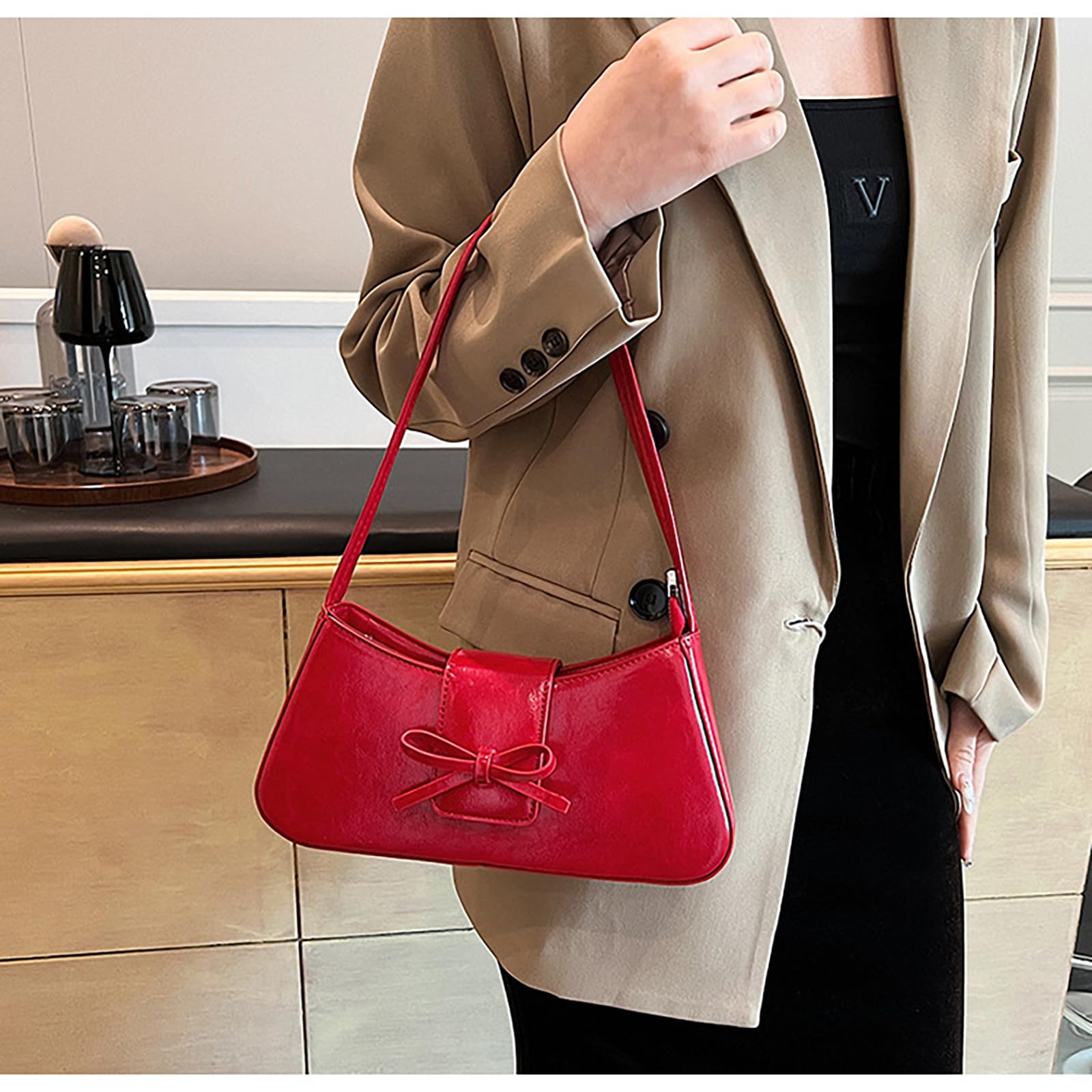 WEEKXING Shoulder Bags for Women,Coquette Bow Purse Trendy Y2K Red Purse PU Leather Hobo Handbag Cute Bag(Red)
