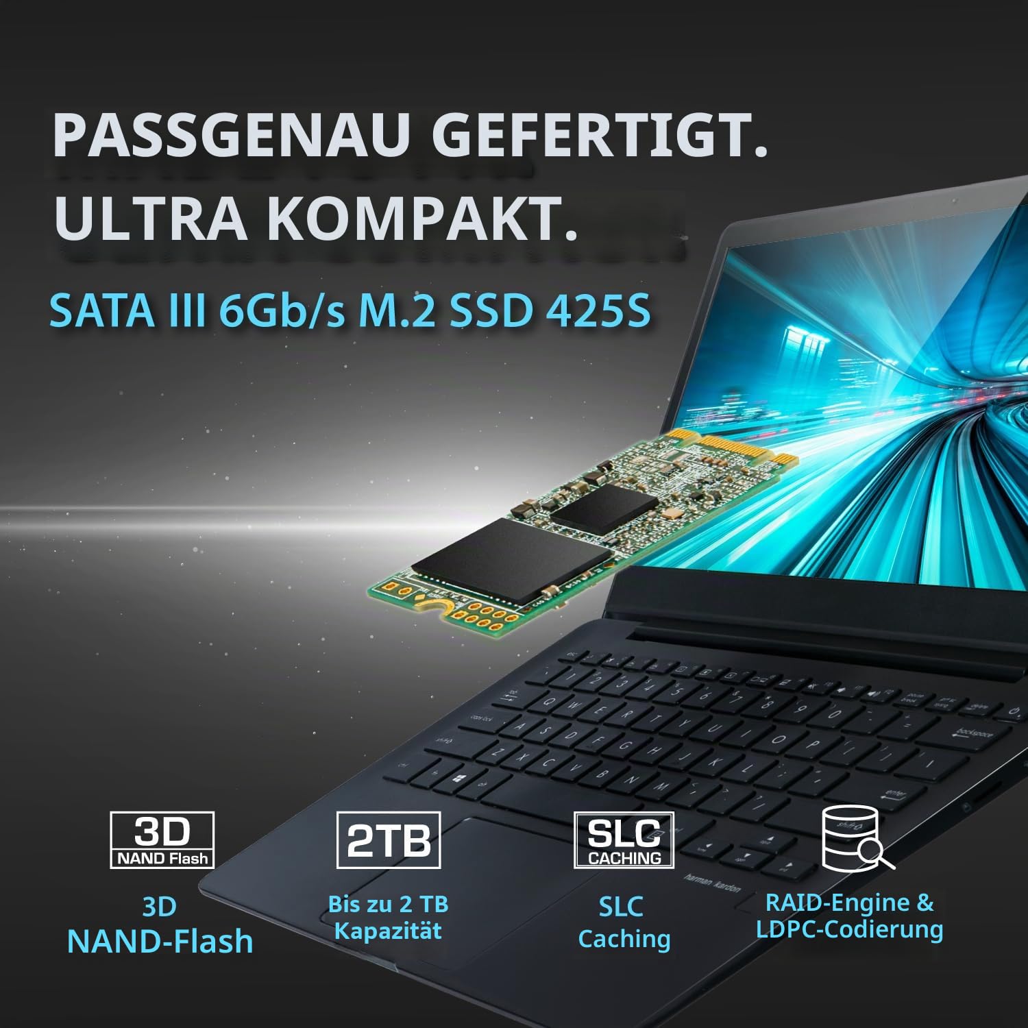 Transcend MTS425S 1TB M.2 2242 SATA III B+M Key, 3D NAND, DRAM-Less, bis zu 550/500 MB/s, Interne SSD für Gaming-Handhelds, Ultrabooks und NUC