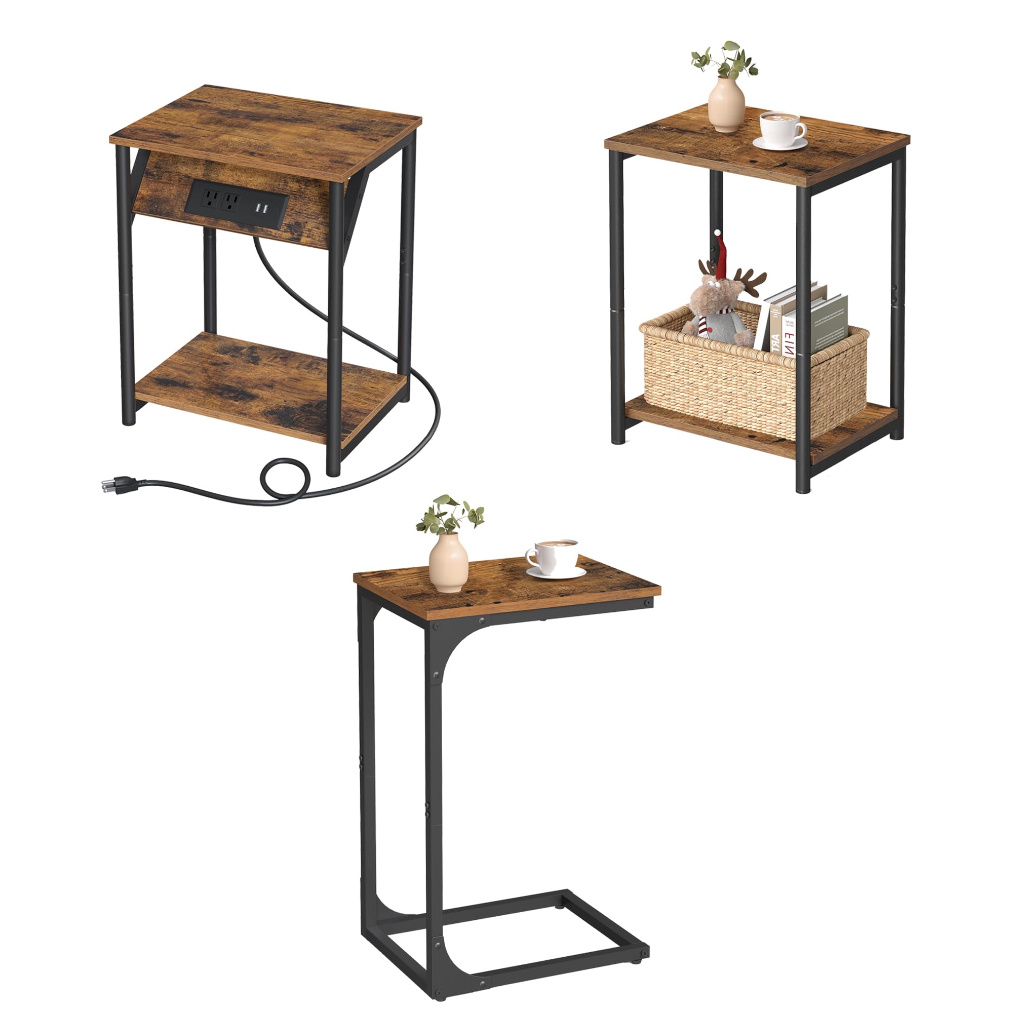 VASAGLE C-Shaped End Table Bundle with End Table with Charging Station and 2-Tier Side Table, Storage Shelf, for Living Room, Rustic Brown and Ink Black ULET350B01, ULET371B01 and ULET271B01