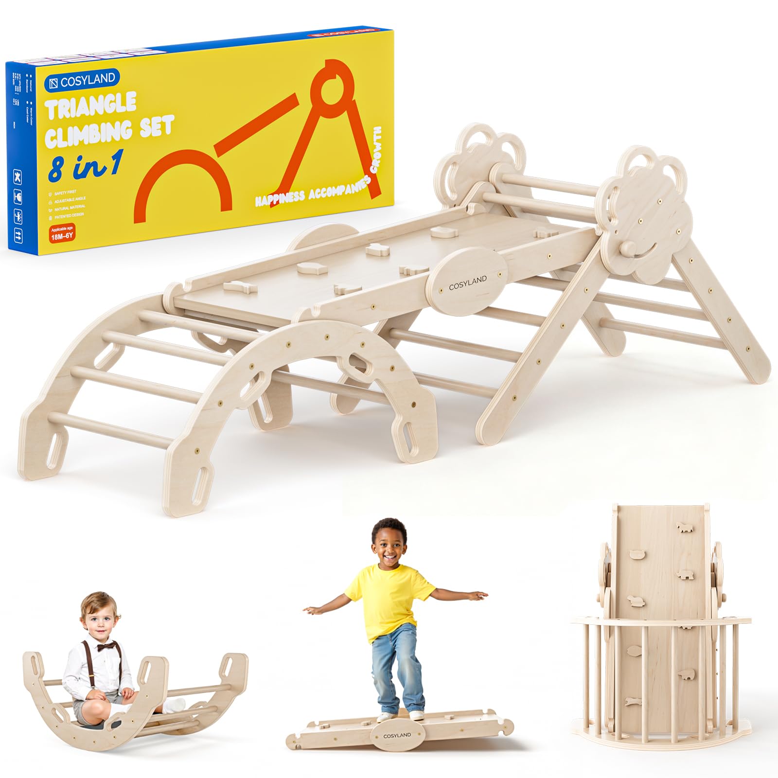 COSYLAND Set da Arrampicata per Bambini 8 in 1 – Triangolo Pikler Grande Regolabile con Scivolo, Arco e Rampa | Palestra Montessori da Interno Pieghevole 18M–6A (Naturale)