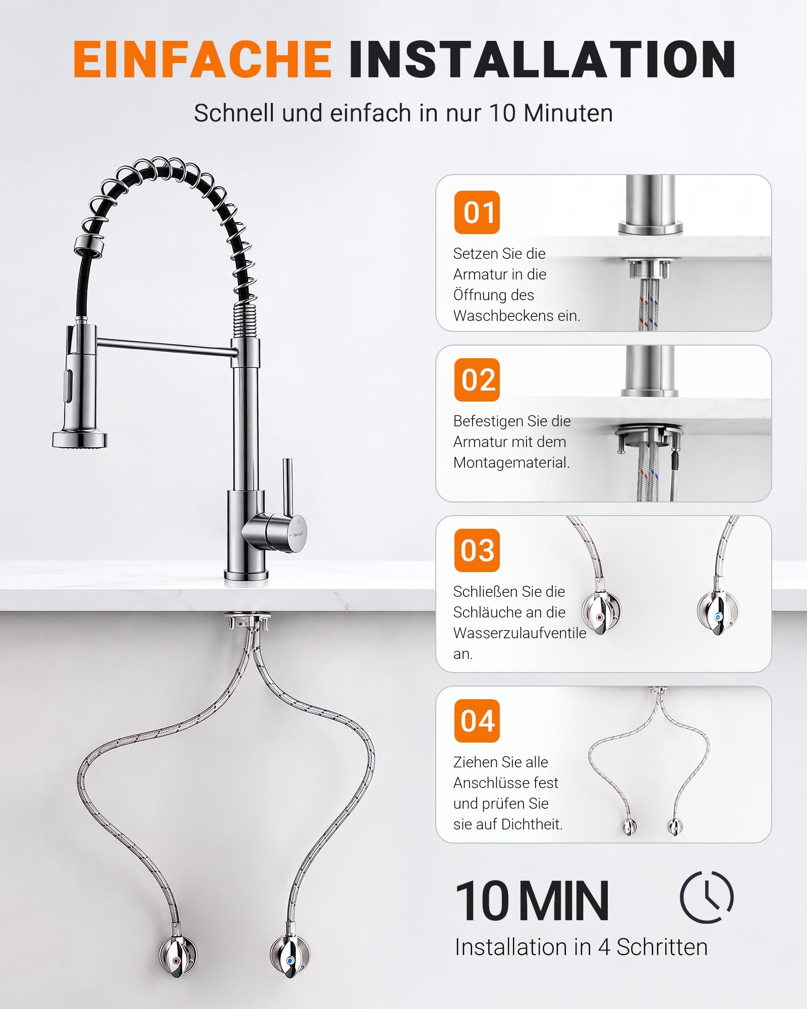 Ibergrif M22143A Küchenarmatur Ausziehbar Kaltstart Edelstahl Hochdruck