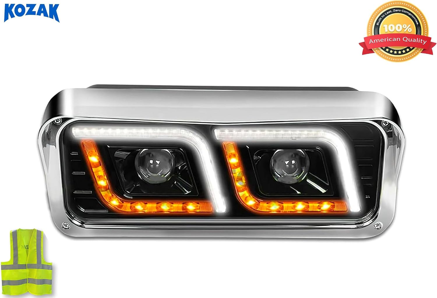 KOZAK LED DRL DUAL Black Projector Headlight (Passenger Right Side) Compatible with Freightliner CLASSIC PLUS Log Reflective Vest