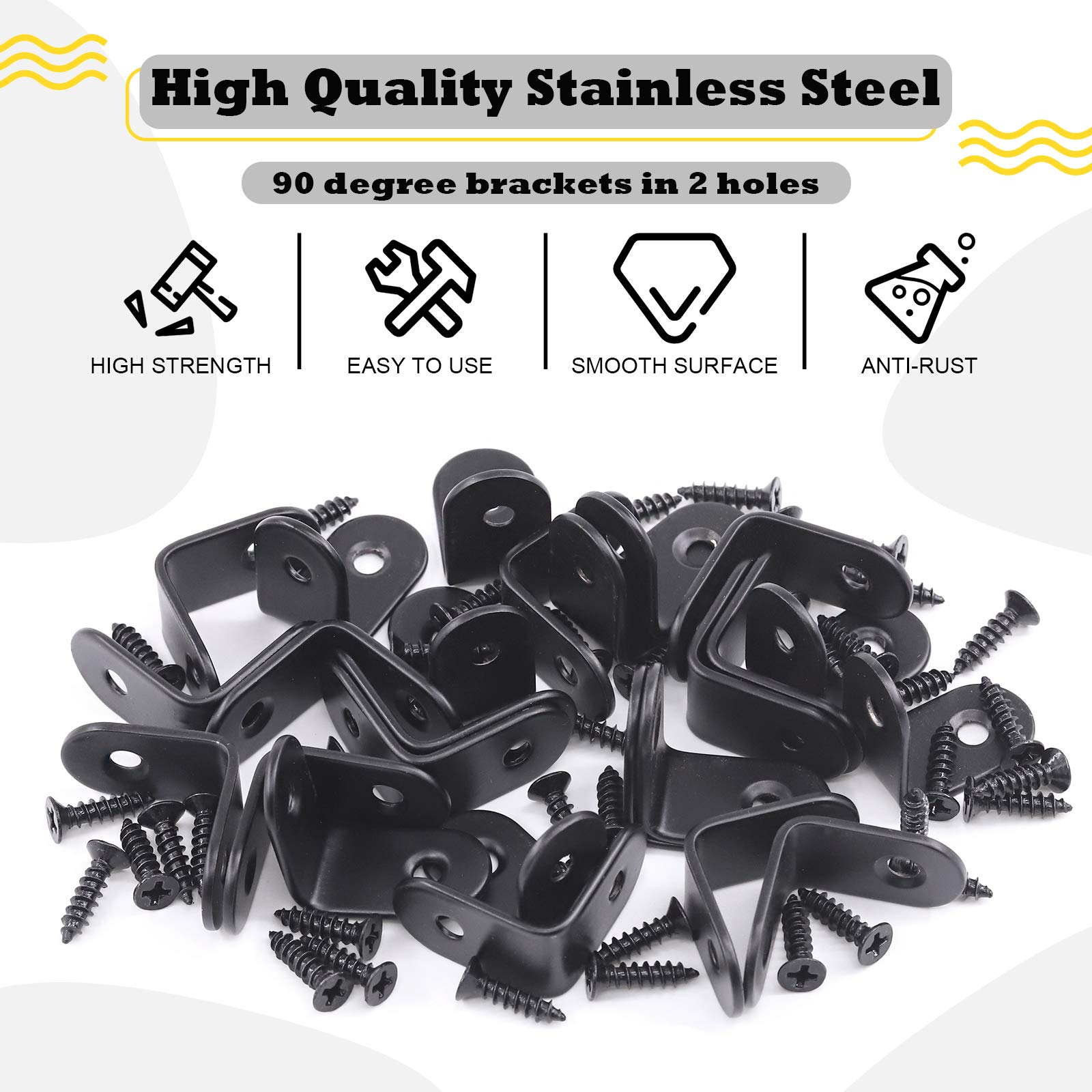 Hilitchi Stainless Steel Black L Bracket Corner Brace 90 Degree Right Angle Brackets Sets with Screws Corner Fastener for Shelves Steel Joints Support (25mm - Image 3