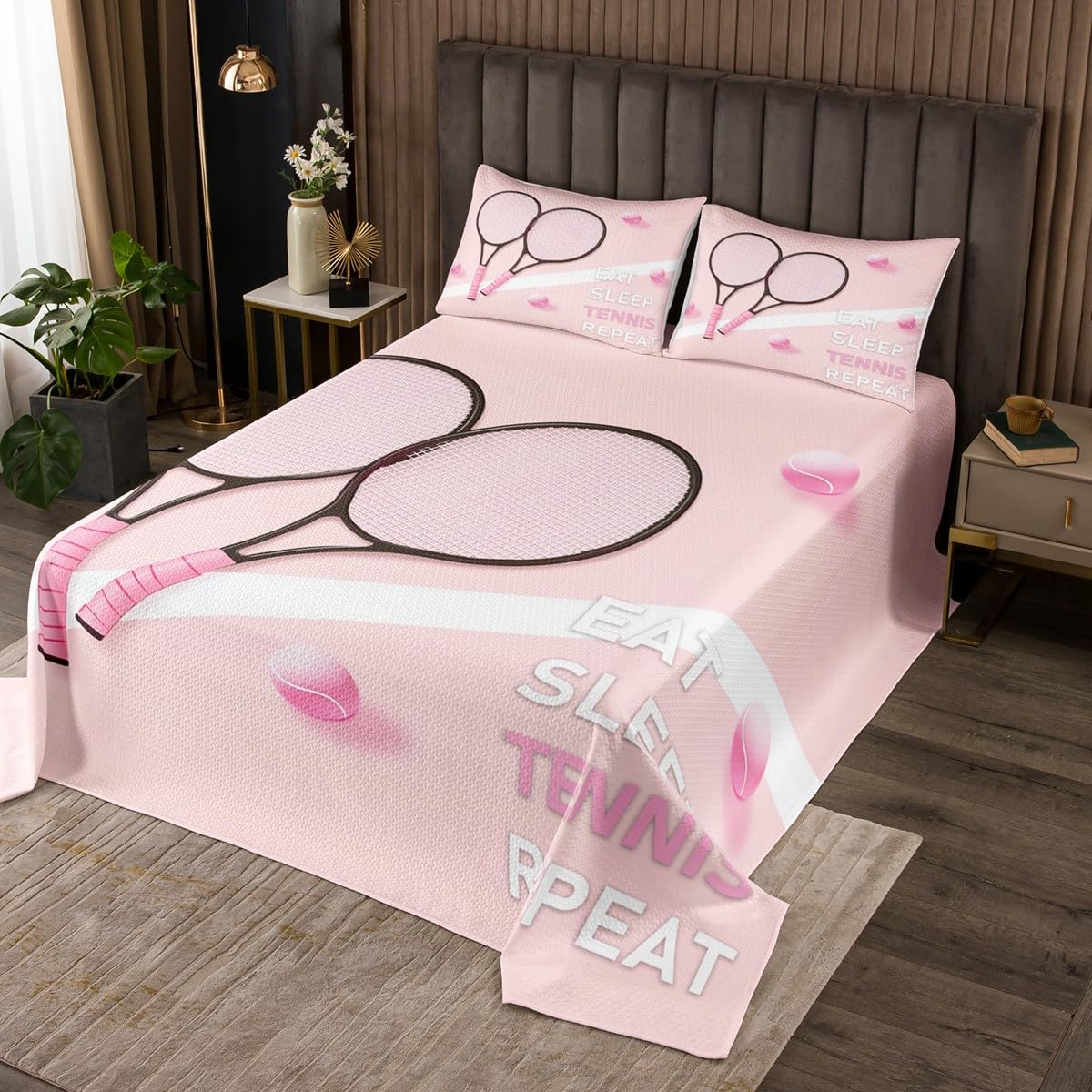 Castle Fairy Tennis Bedspread Twin Size Fashion Sports Ball Game Coverlet Set Kids Room Present Girly Pink Style Bedroom Decor Bedding Set Tennis Racket Bedding with 1 Pillowcase