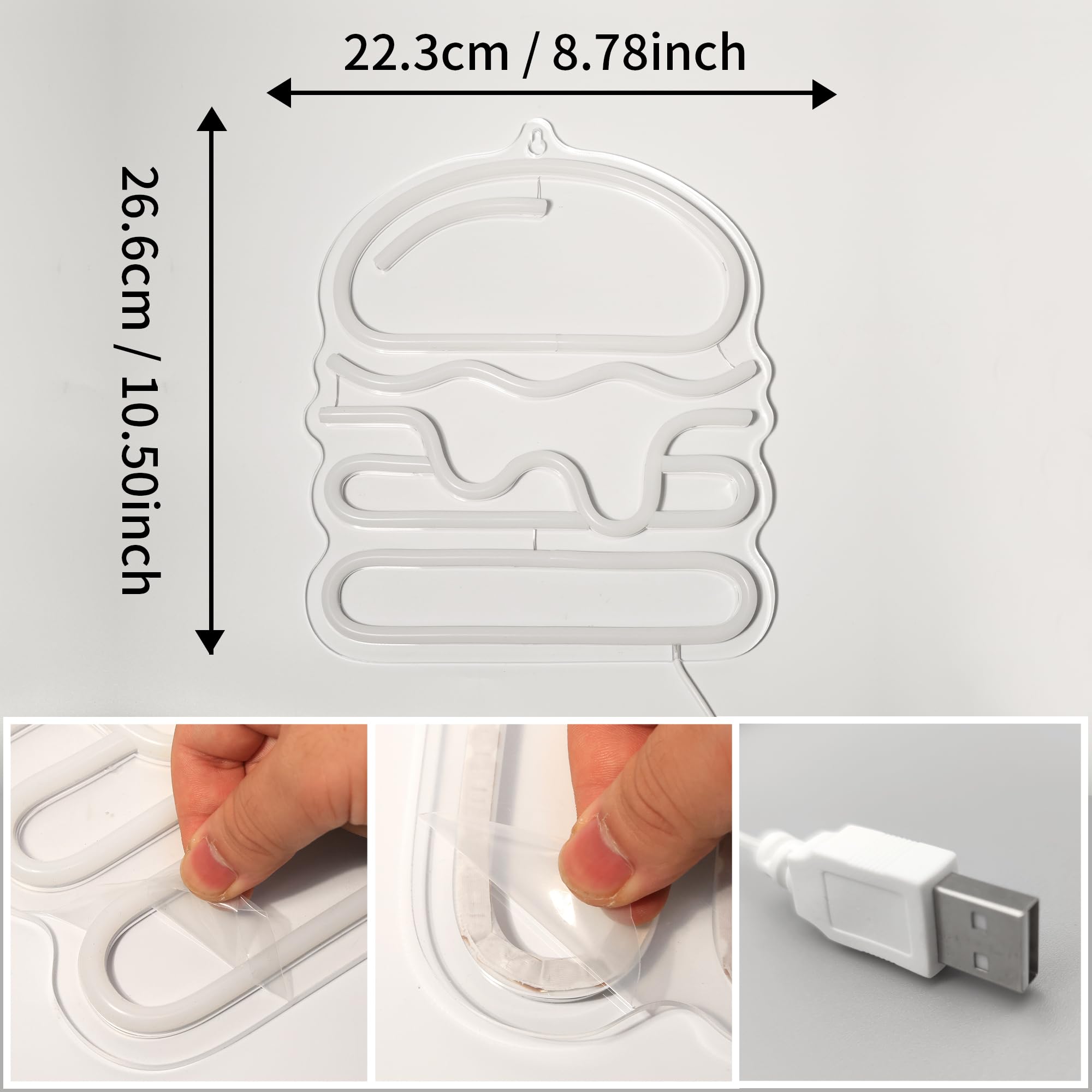 Attivolife Panneau néon hamburger pour décoration murale, lampe lumineuse de délicieux aliments avec alimentation USB faible, décoration unique pour magasin de restauration rapide, restaurant, Noël