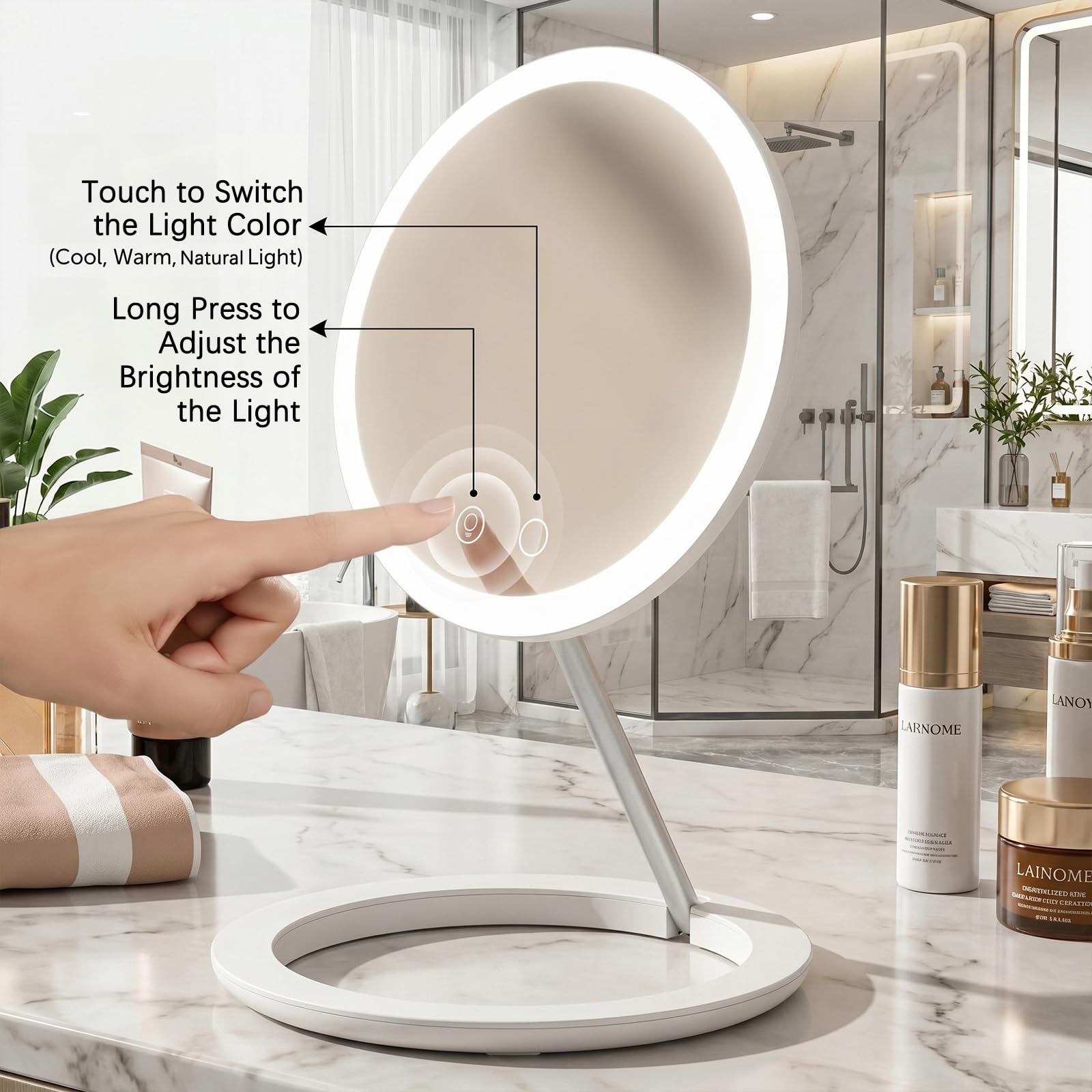 Specchio da viaggio ricaricabile con luce LED, specchio da viaggio con illuminazione a 3 colori. Specchio portatile dimmerabile e leggero, essenziale da viaggio di bellezza
