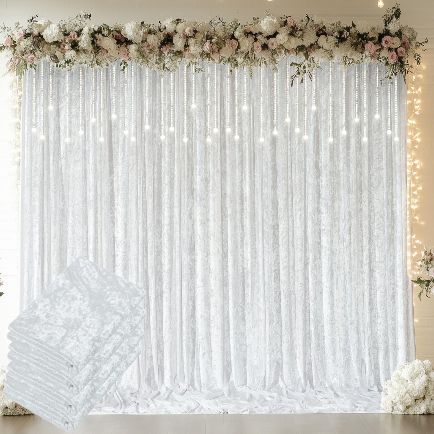 Outpain 20 ft x 10 ft Wrinkle Free White Velvet Backdrop Curtain Panels, Thick Velvet Photography Backdrop Drapes, Not See Through Wedding Party Stage