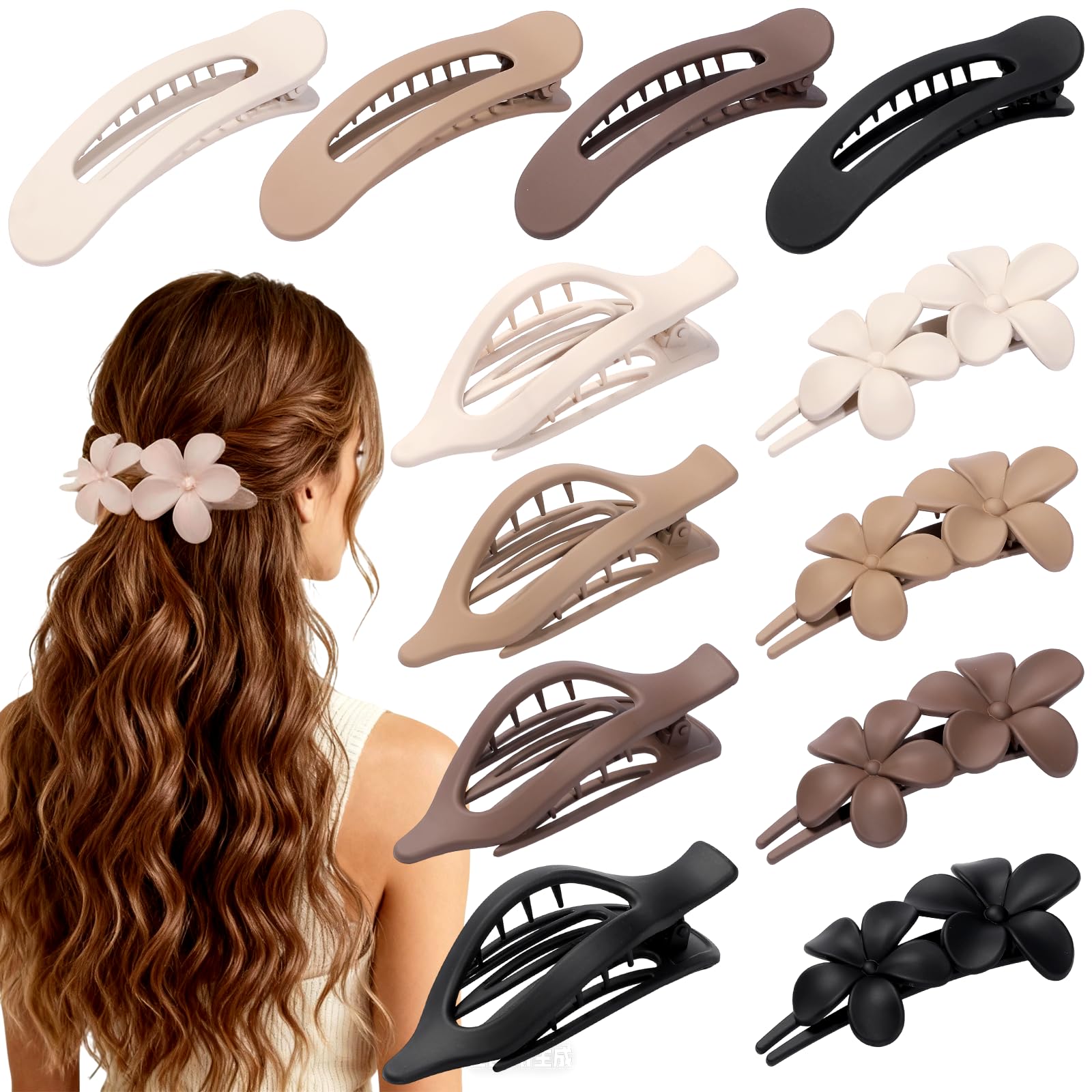 Photo 1 of 12 PCS Flat Hair Clips - 3 Styles Matte Flat Claw Clips Set Duckbill Barrettes for Women, No-Slip Strong Hold for Thin and Thick Hair, Hair Accessories for Girls Gift (Brown)