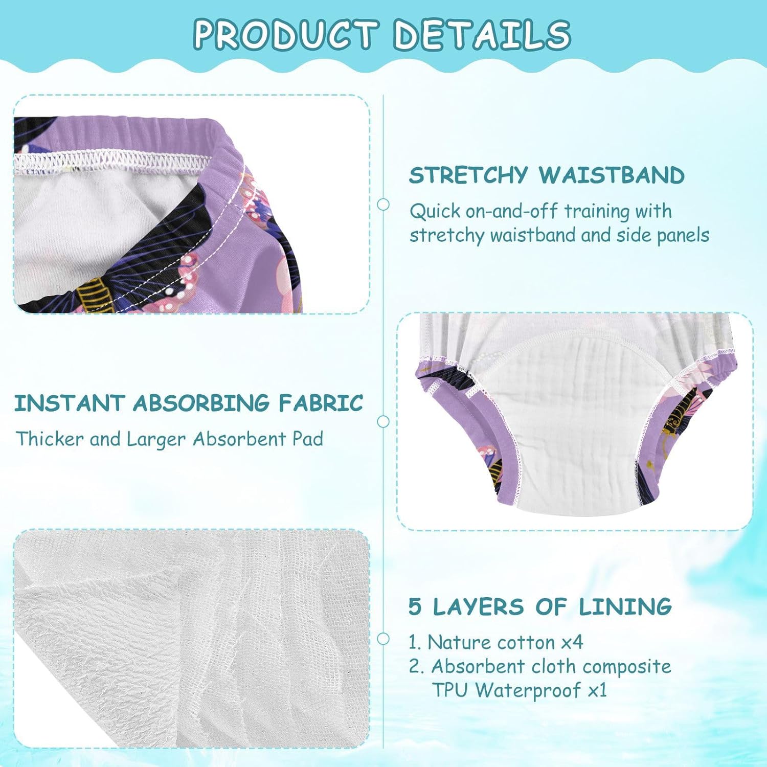 Little Girls Potty Training Underwear Pants Leakproof Overnight Potty Training Underwear Pants Breathable Underwear for Kids 4T Ukiyo-e-Style Japanese Butterfly Purple