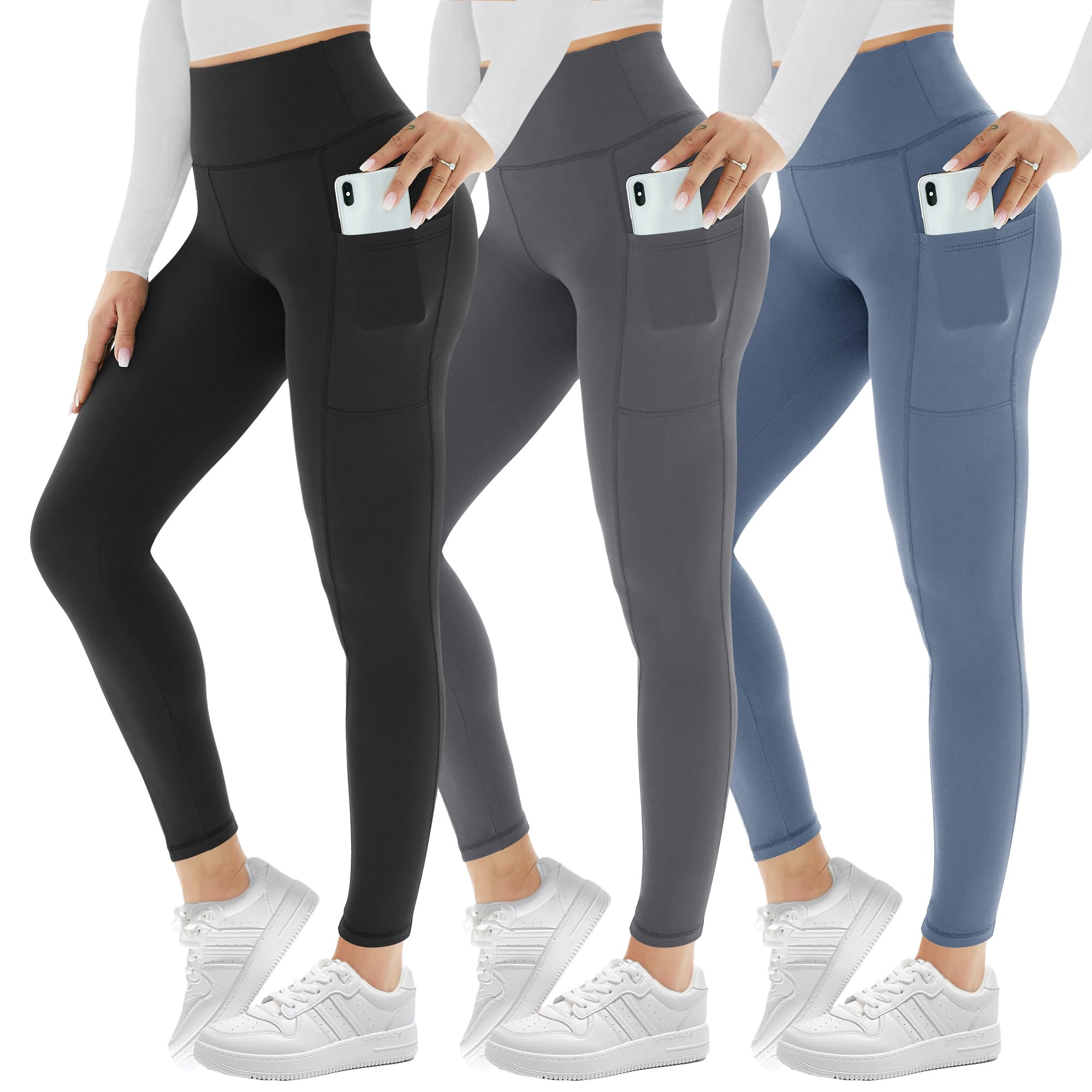 AMIYOYO Lot de 3 leggings pour femme avec poches taille haute - Noir - Contrôle du ventre - Pantalon de yoga extensible - Pantalon d'entraînement, de sport, de fitness, de course à pied,