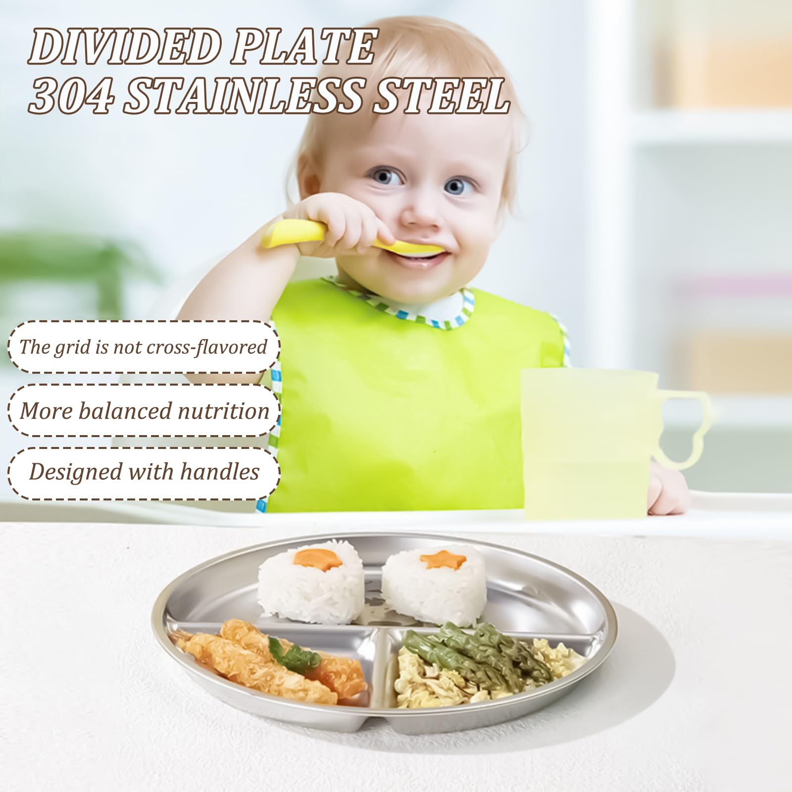 Piatti in Acciaio Inox per Bambini 2Pcs, Piatti per Porzioni Controllati con 3 Scomparti, 23cm Riutilizzabili piatto Divisi per Bambini, piatti Campeggio per Campeggio Picnic Casa Scuola Mensa