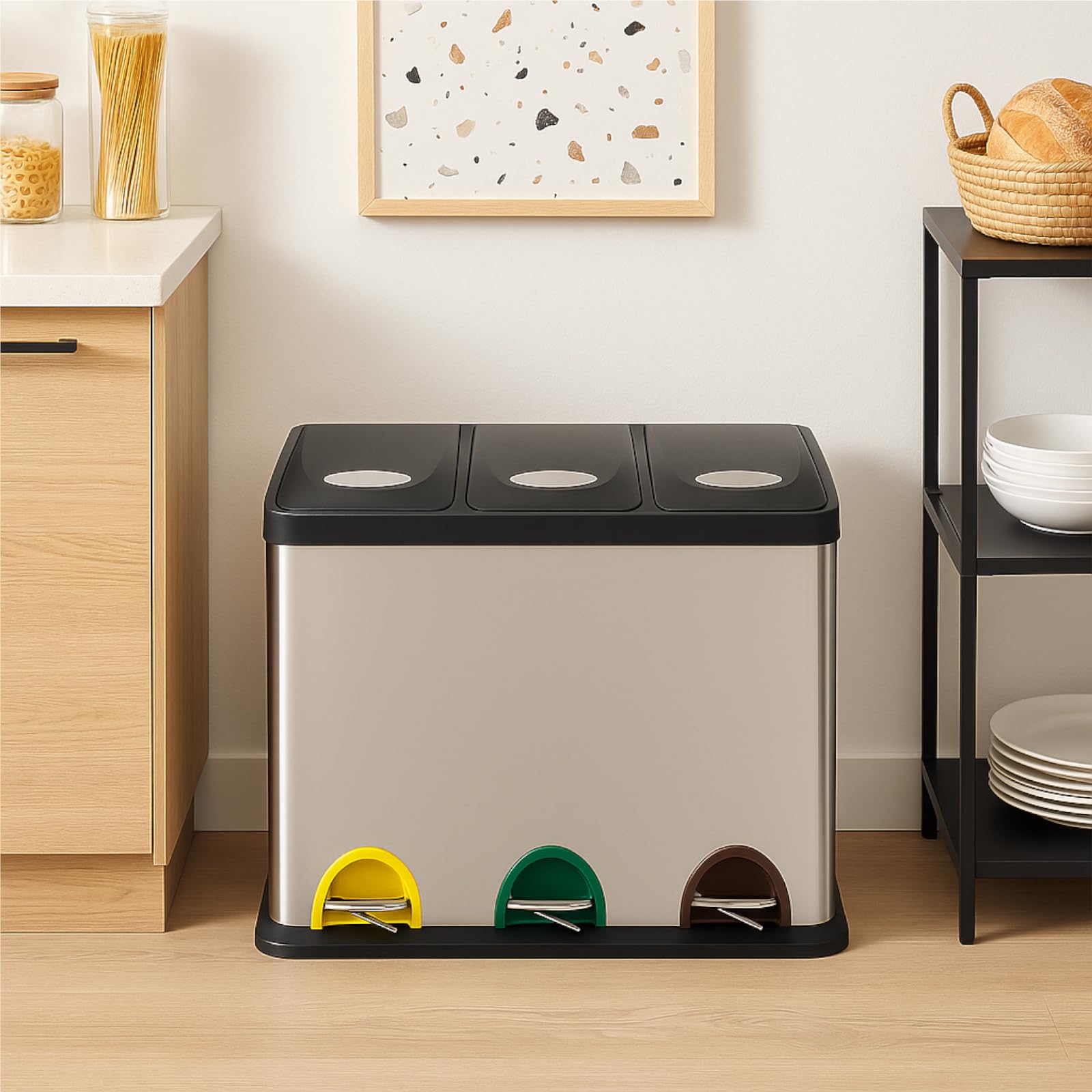 Mülleimer 24L 3 Fächer, Edelstahl Treteimer mit Inneneimern, Mülltrennsystem Küche, Abfalleimer mit Pedal, Recycling Abfallbehälter modern, Mülltrennung für Küche und Büro