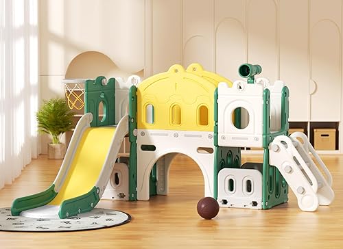 YUFU Tobogán 7 en 1 para niños pequeños, tobogán escalador para niños con aro de baloncesto y pelota, juego para interiores y exteriores para niños