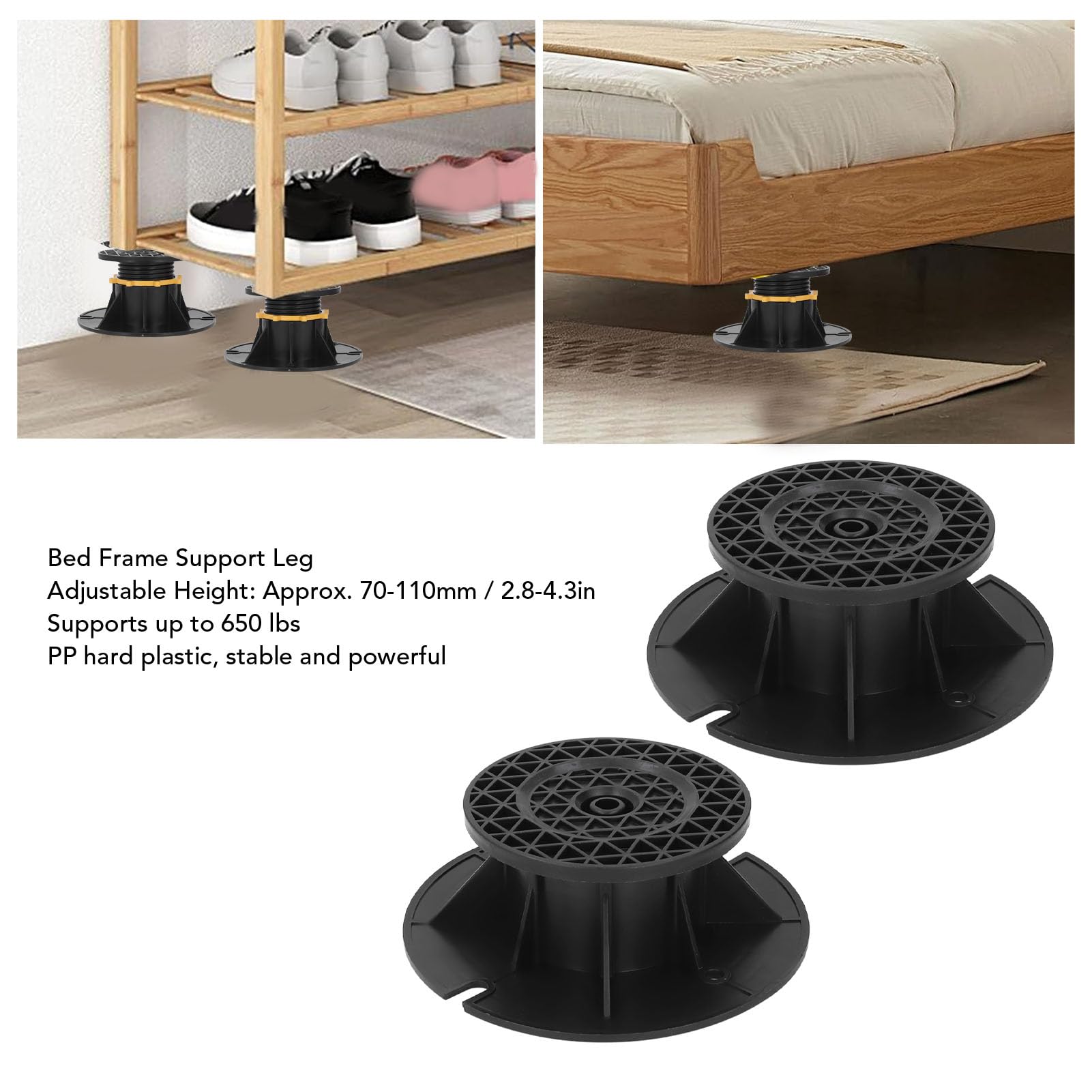 2 Pcs Adjustable Bed Frame Support Leg, 70-110mm 2.8-4.3in Height Adjust Frame Center Slats Heavy Support Leg for King Bed Sofa Table, Furniture Cabinet Replacement Parts