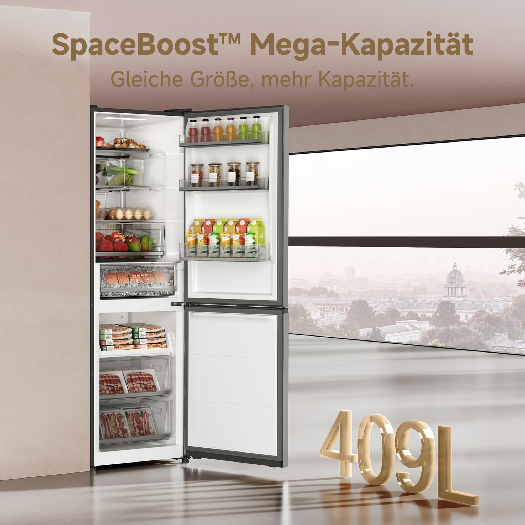 dreame Mega Pro 409 L Kühlschrank mit SpaceBoost Mega-Kapazität, schlankem Design, schneller und gleichmäßiger Kühlung, FreshFlex Multi-Modus-Zone, AeroFresh Reinhaltung und vereisungsfreier Funktion