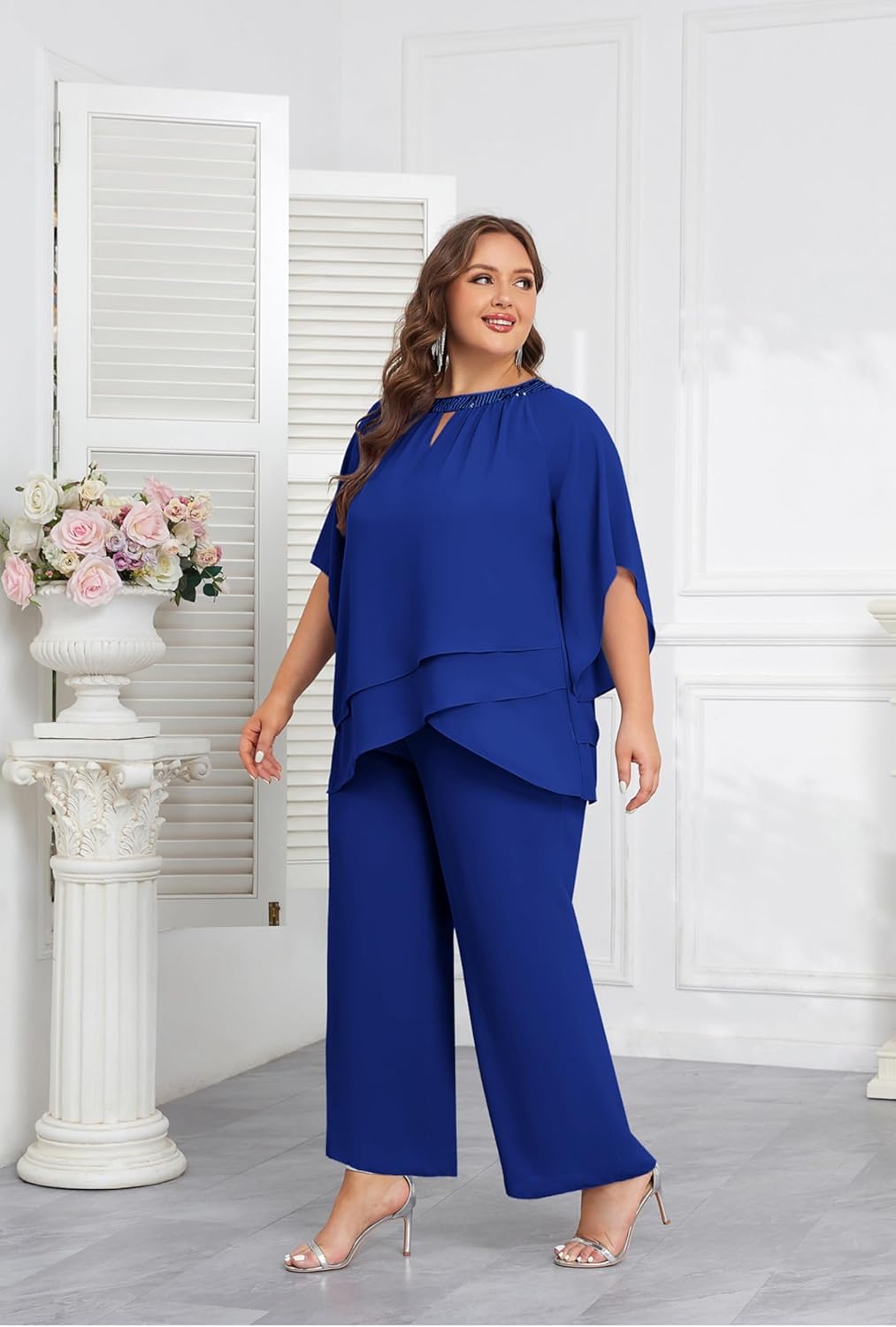 Hanna Nikole Mother of Bride Pant Suits Plus Size Half Sleeve 2 Piece Chiffon Pantsuit Formal Wedding Guest Outfit - Image 4