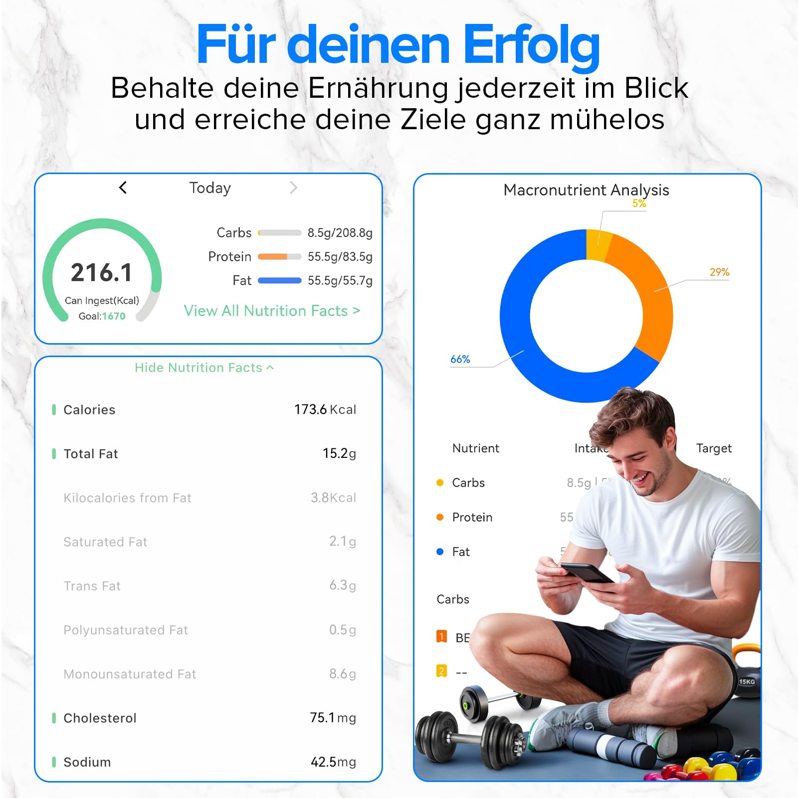 Belife Küchenwaage digital mit Nährwertberechnung, Ernährungswaage App verfolgt 19 Nährstoffe, Kaloriendatenanalyse, Edelstahl-Ernährungswaage, Lebensmittelwaage geeignet für Gewichtsverlust, 5KG-1g