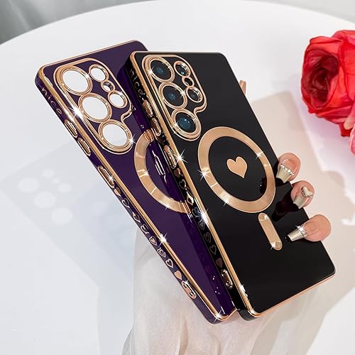 Miniatura 10 de Bonoma Funda ultra magnética para Samsung Galaxy S22 compatible con MagSafe, diseño de corazón brillante chapado de lujo, transparente, a prueba de
