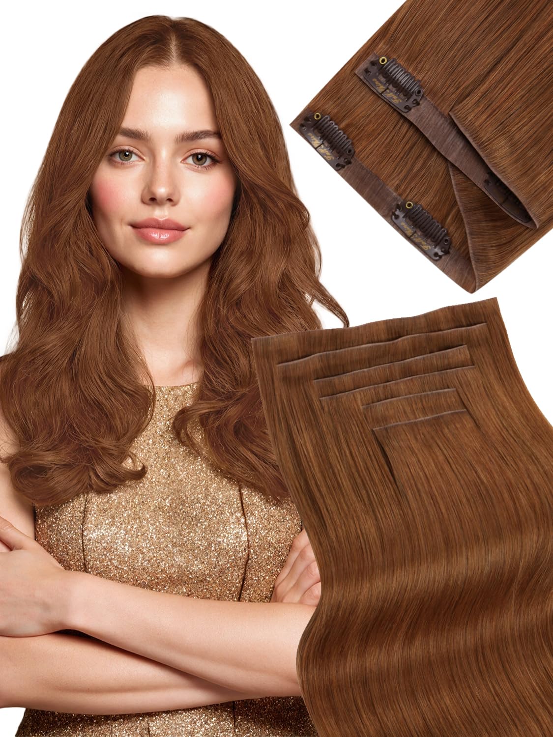 Fshine Extension Capelli Veri Clip Invisibile PU 50 cm 110 g 6 pcs Extension Clip Capelli Veri Rosso Scuro Lisci Umani Estensione Clips Confortevole Compleanno Colore 330