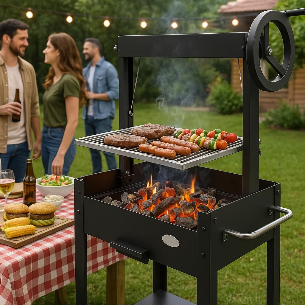 GMR FOR FIRE AND FUN Barbecue a Legna Argentino XL (50x40cm), con Mattone Refrattario, Barbecue Carbonella XL, Barbecue da Balcone, Cottura Carne Perfetta, Ruota in Alluminio