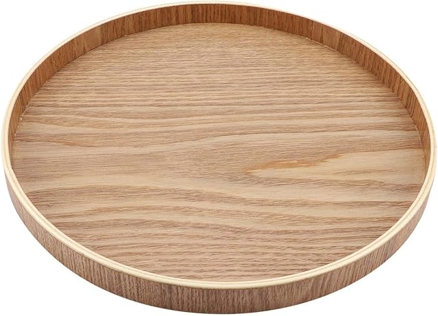 Wooden Round Serving Tray, Natural Wood Coffee Table Tray Farmhouse Decorator Storage Plate Circle Countertop Organizer Kitchen Dinning Dish Bathroom Vanity for Food Breakfast Fruits(27cm)