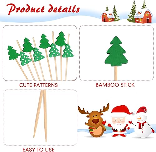 Miniatura 3 de WILLBOND Púas de cóctel de Navidad de 4.7 pulgadas, palillos de dientes de bambú de frutas surtidas, palillos de dientes decorativos, palillos de