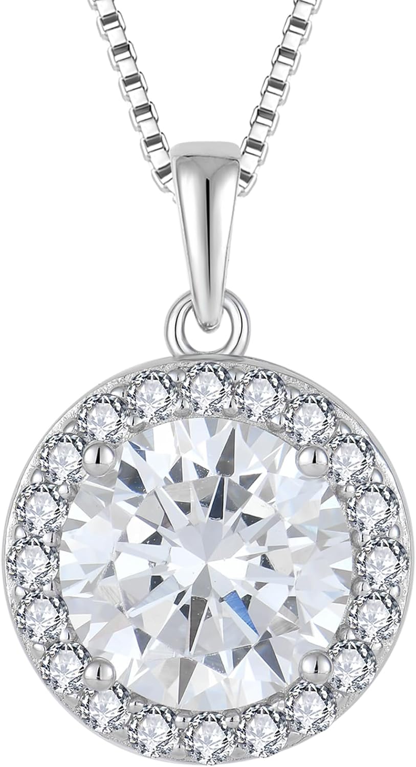 Birthstone Necklace for Women 925 Sterling Silver Round Halo Pendant Jewelry Gifts for Her 10mm Solitaire Necklace