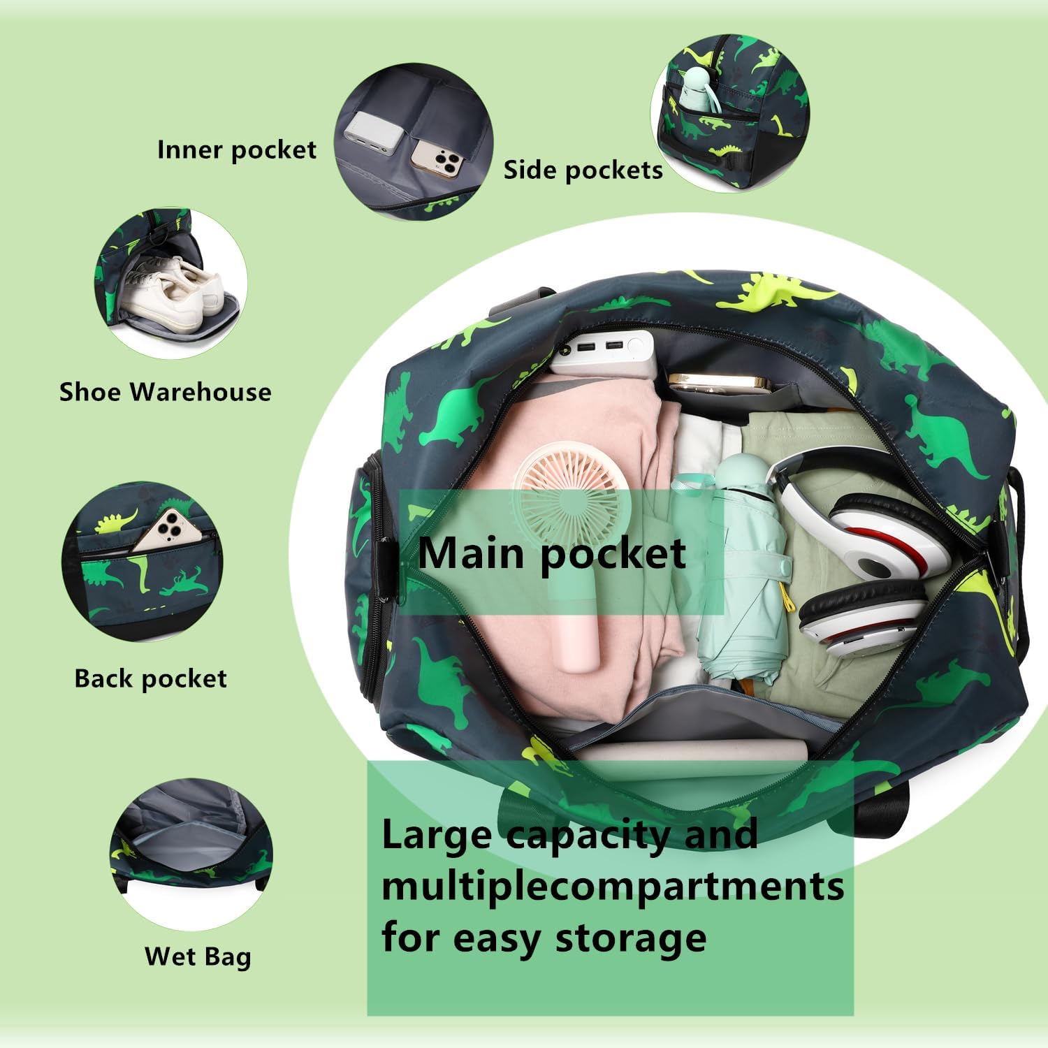 Lmwzh Kids Duffle Bag For Boys Perfect For Early Elementary Overnight Travel Bag With Shoes Compartment Dry And Wet Pocket Carry On Weekender Bag (Dinosaur)
