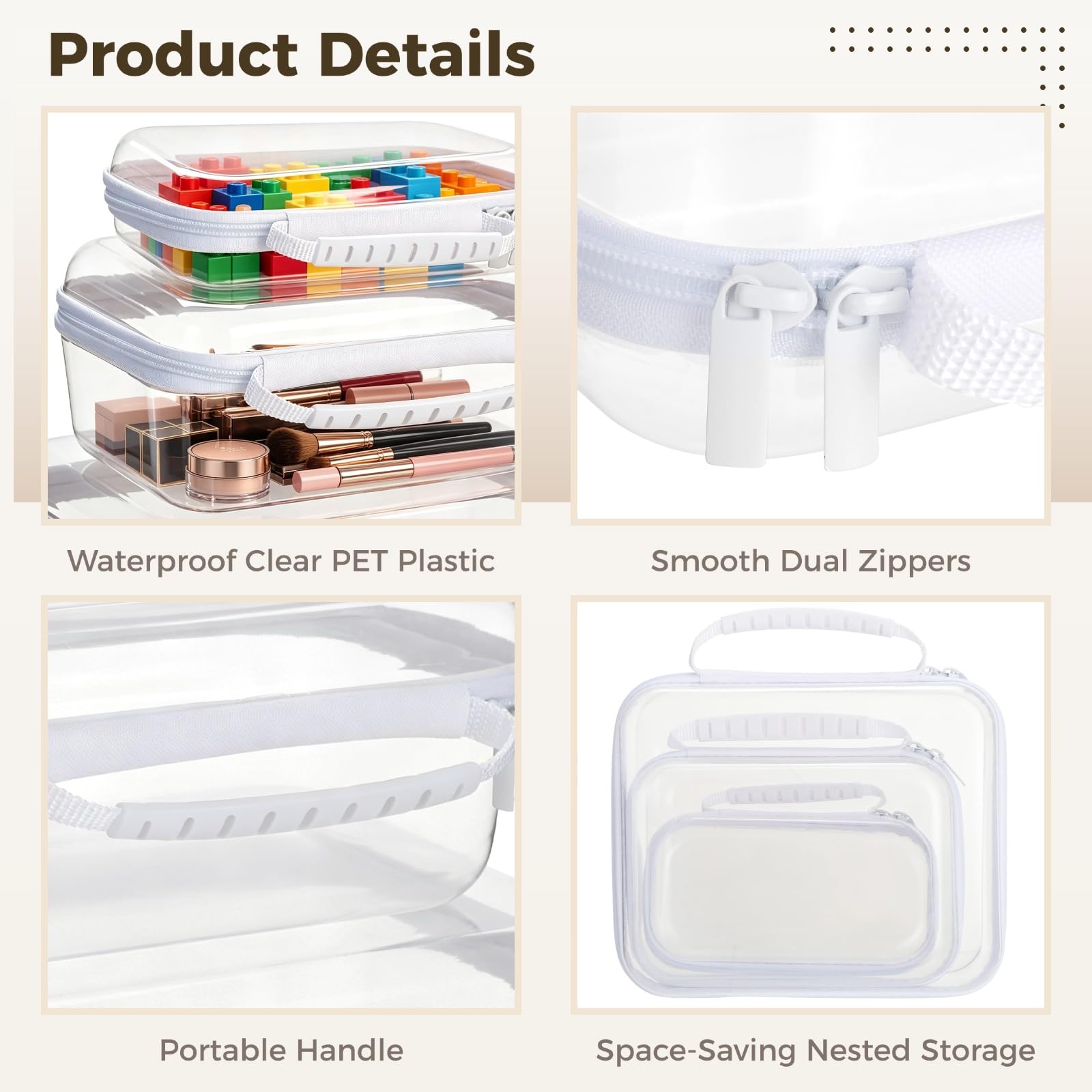 Juego de 3 fundas transparentes rígidas con cremallera, cajas de almacenamiento de plástico transparente para maquillaje, artículos de tocador de viaje, contenedores organizadores portátiles e
