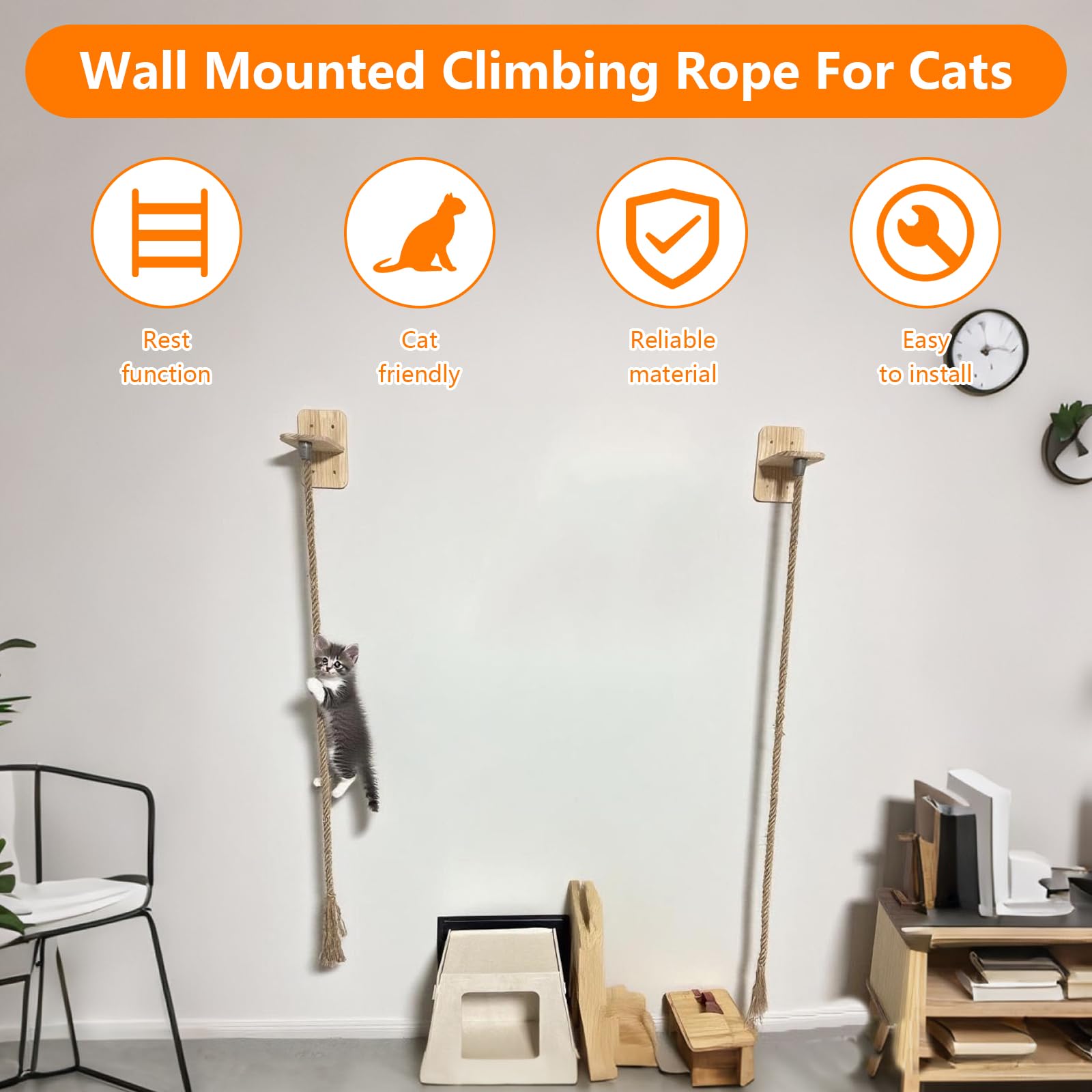 Corda da Arrampicata a Parete per Gatti, Cuscino per Saltare per Gattis, Mensole da Salto per Gatti con Ripiano di Riposo, Corda da Arrampicata per Gattis per Affilare gli Artigli, 1.7m