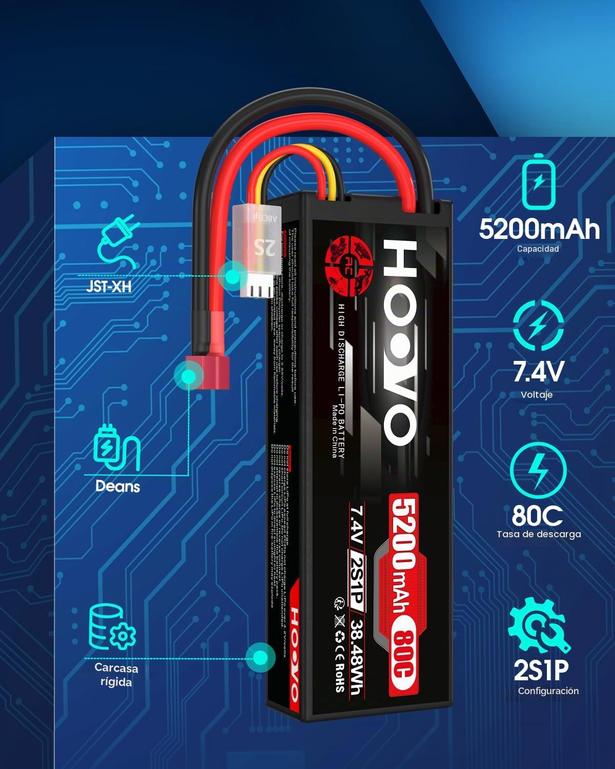 HOOVO - Batería RC 2S LiPo de 7.4V 5200mAh 80C, batería de repuesto con carcasa dura y enchufe Deans para vehículos de RC (coche, camión, helicóptero, avión, rastreador de rocas, helicóptero, camión
