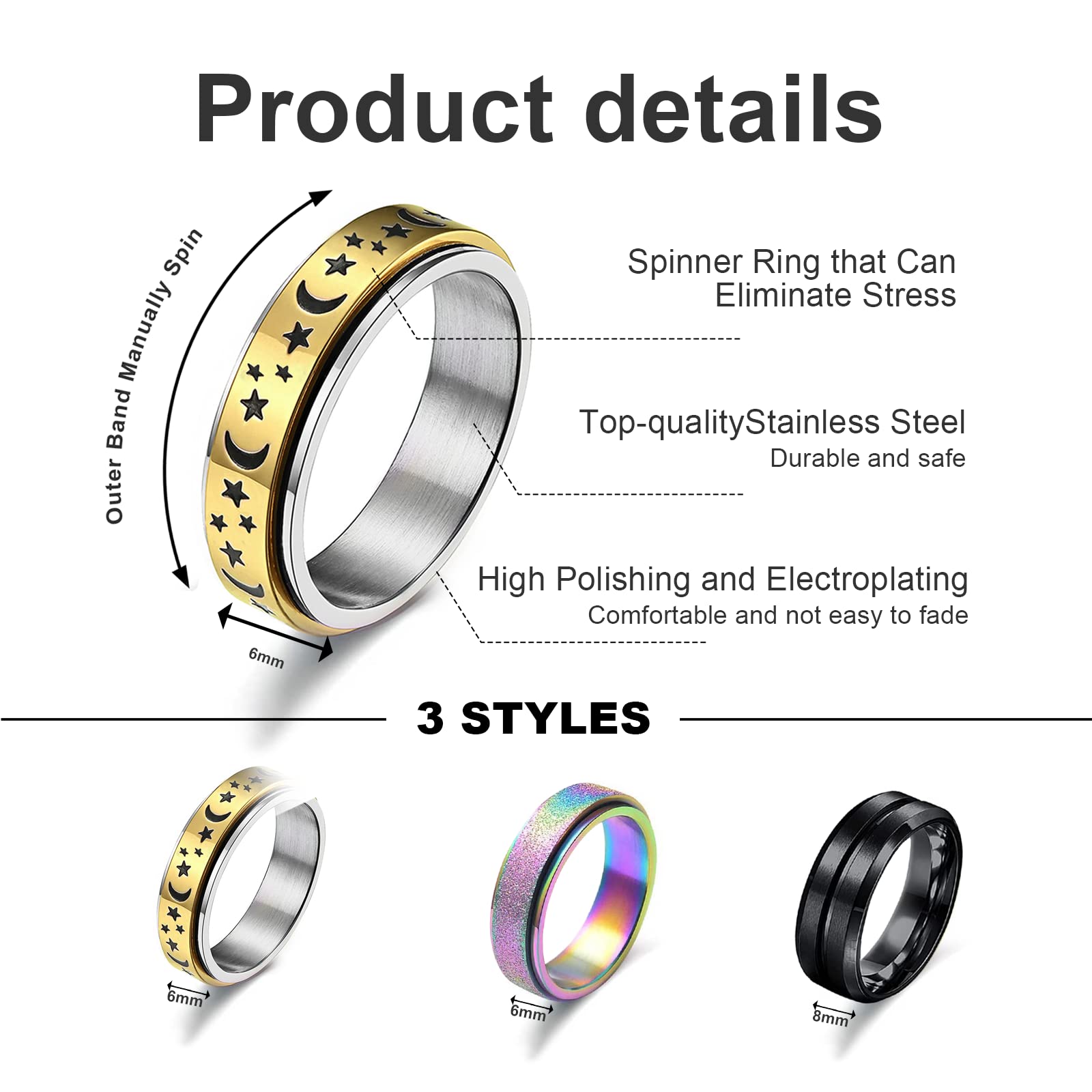 ACOCOKI 3PCS Fidget Rings for Anxiety Stainless Steel Anxiety Ring
