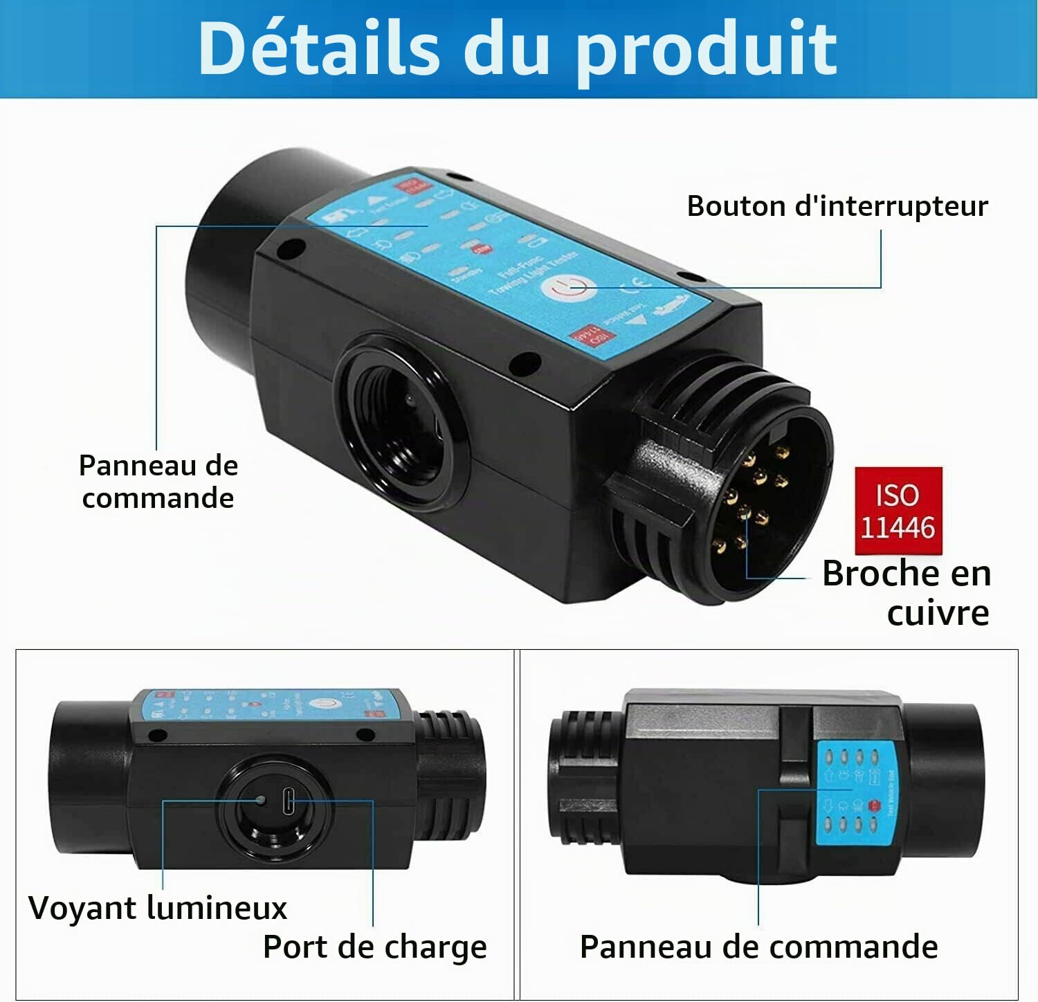 Testeur de remorque Testeur d'éclairage rechargeable 2 en 1 à 7 et 13 broches Testeur de remorque