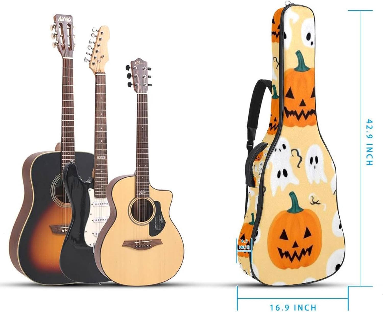 40/41/42-inch Cartoon Halloween Acoustic Guitar Bag With Adjustable Shoulder Strap And 2 Storage Bags. Guitar Bag With Back Hanging Loop, Electric, and Classical Guitars