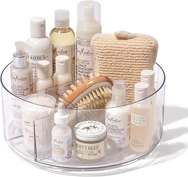 BINO Plastic Round Turntable Organizer with 5 Compartments - Clear | Spinning Divided Turntable Container | Rotating Organizer Storage for Bottle Condiments Fridge Kitchen Counter Pantry Bathroom