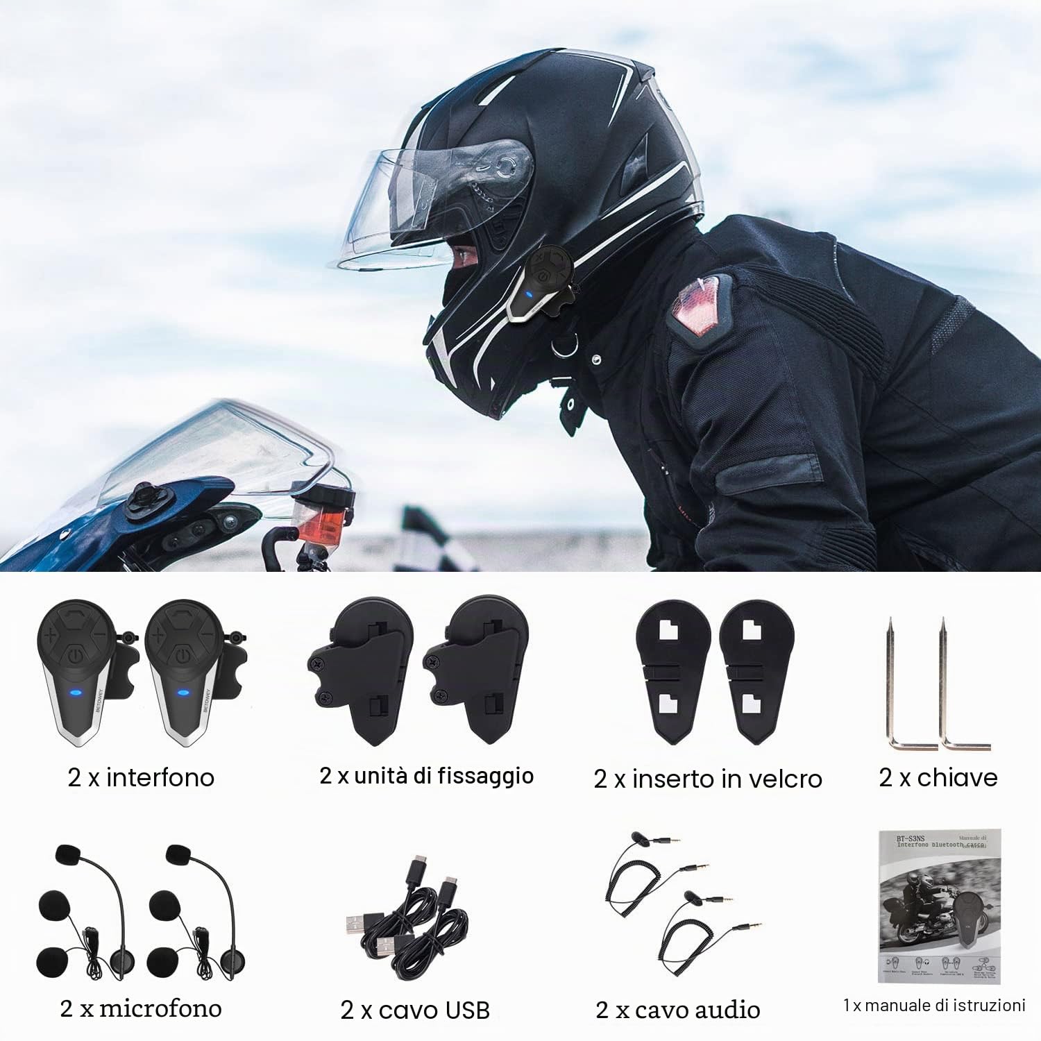 Interfono Moto Bluetooth Coppia BT-S3 Interphone con Auricolari Bluetooth per Casco Moto