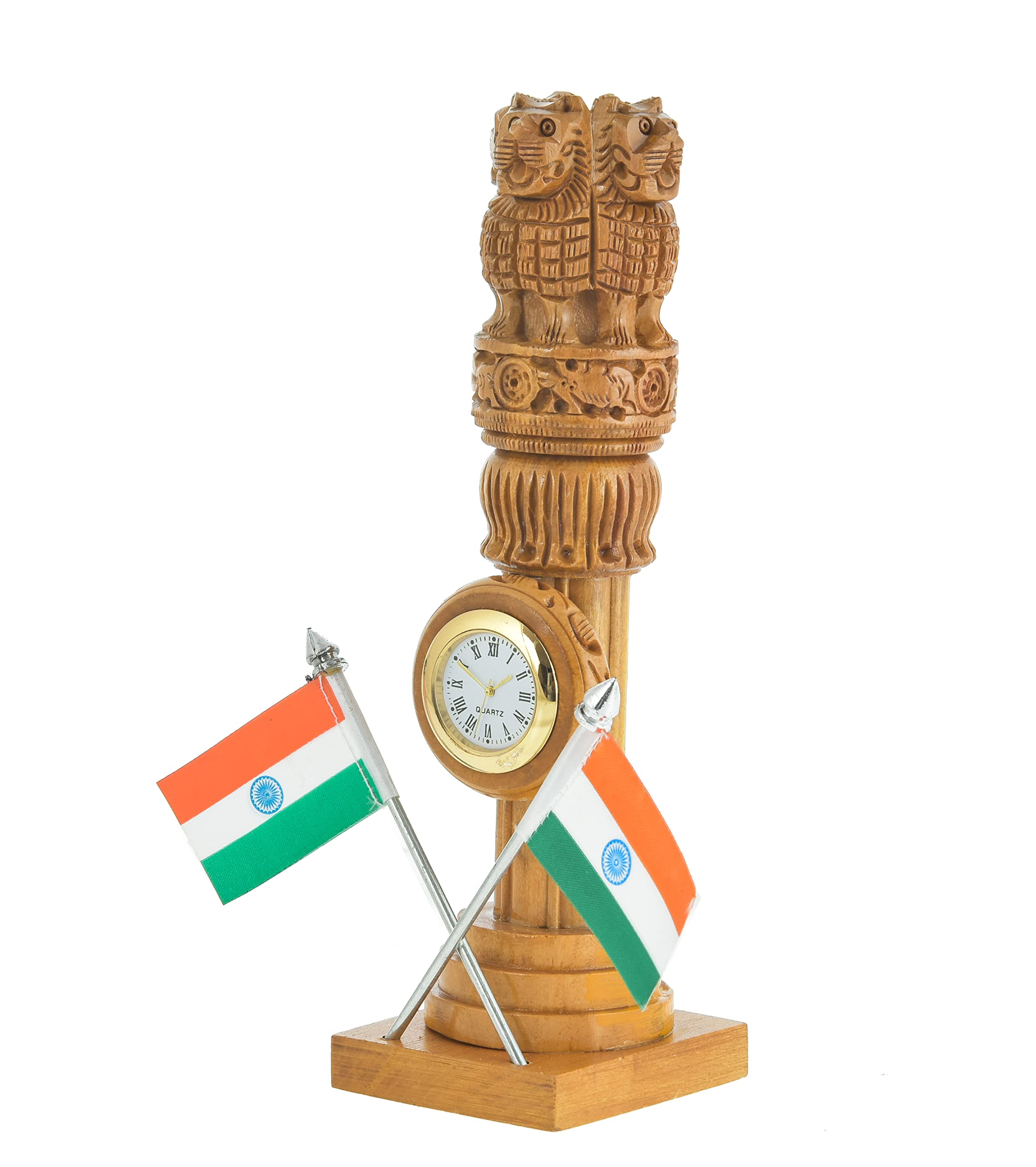 Kaka jiji Handicraft Wooden Carved Ashoka Stambh Pillar With 2 Flags & Analog Clock For Office And Study Table Ii Brown Color Pack Of 1 (2.4Wx2.4Lx8.5H Inches) 1