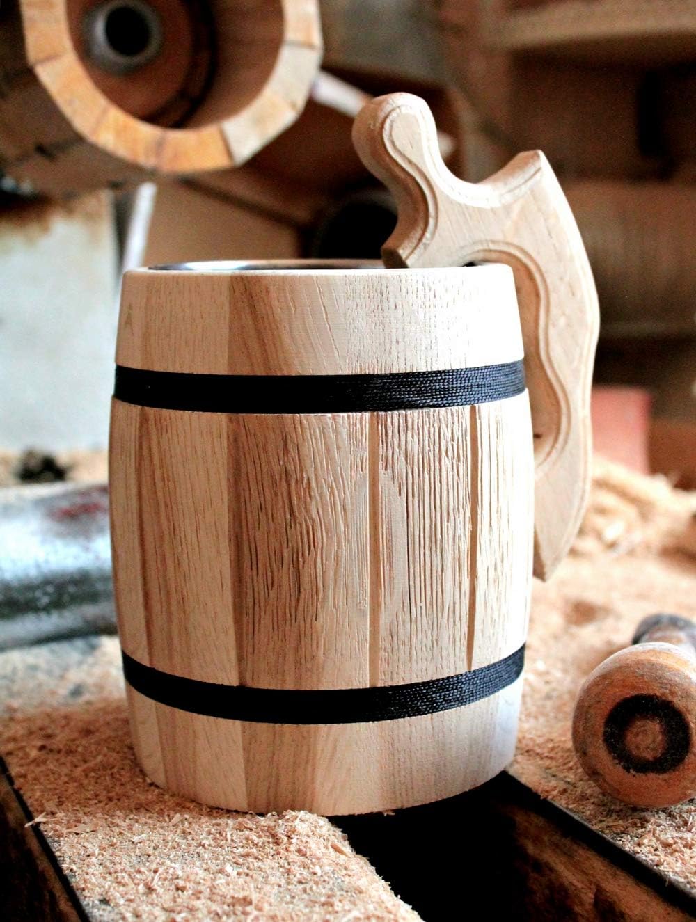 Black Friday Clearance Handmade Beer Mug Set of 6 Wood Natural Stainless Steel Cup Men Woden Tankards Barrel Souvenir Round Brown