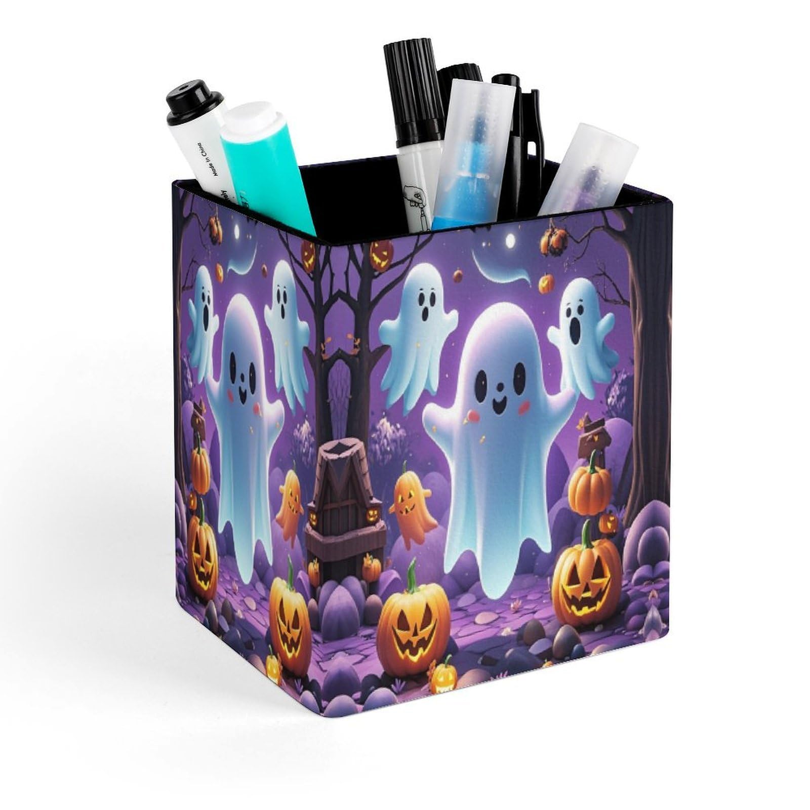FekiLoot Ghost Pumpkin Pencil Holder for Desk Square Leather Pen Holder Cup Desktop Organizer Multi-Functional Pencil Cup Holders Modern Decorative Desk Organizer Caddy Makeup Brush Holders
