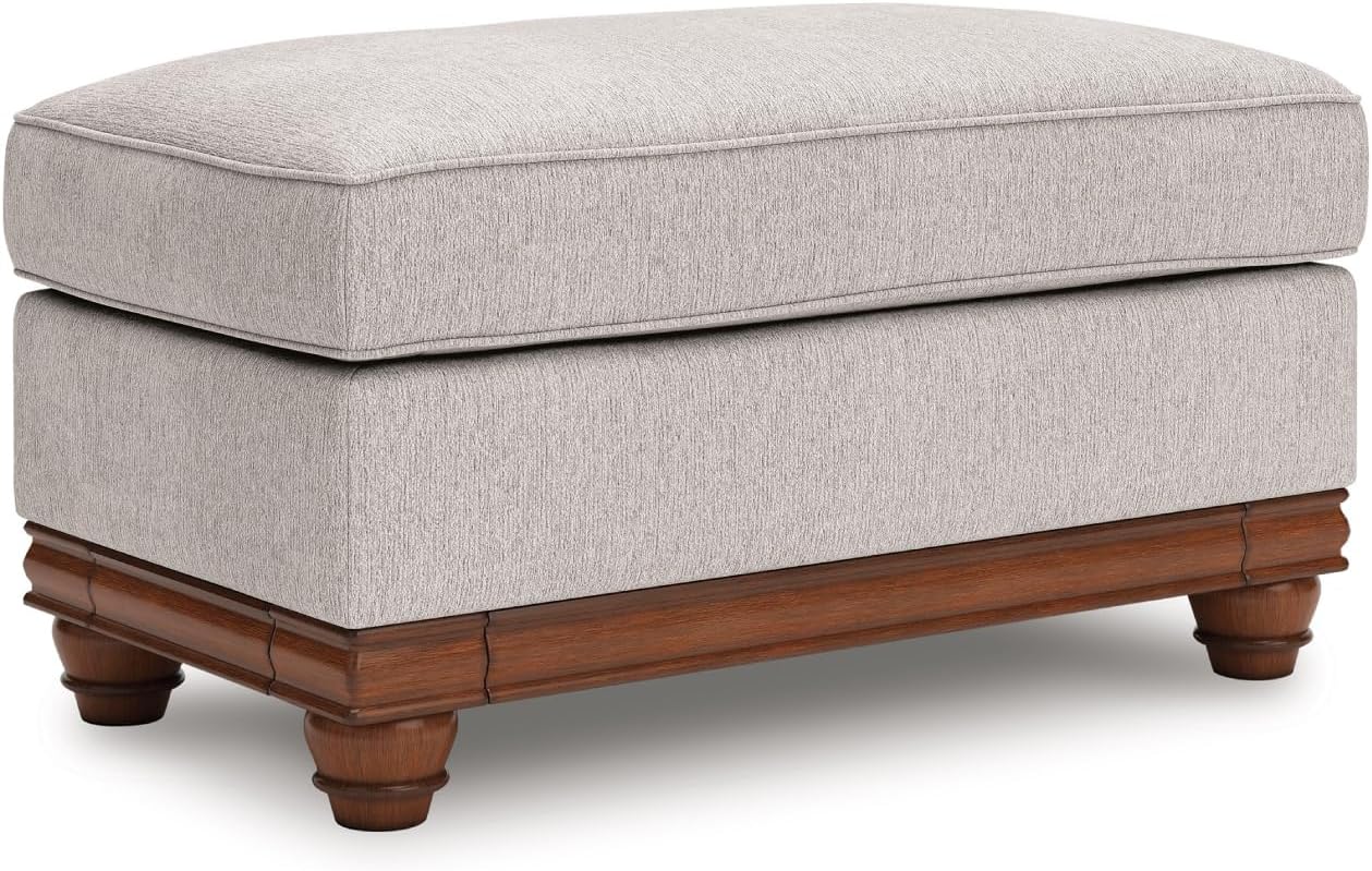 Signature Design by Ashley Rectangular Ottoman, Farmhouse Meadowview | 100% polyester chenille, High-resiliency foam, Soft-edged coffee table alternative, Turned faux wood legs