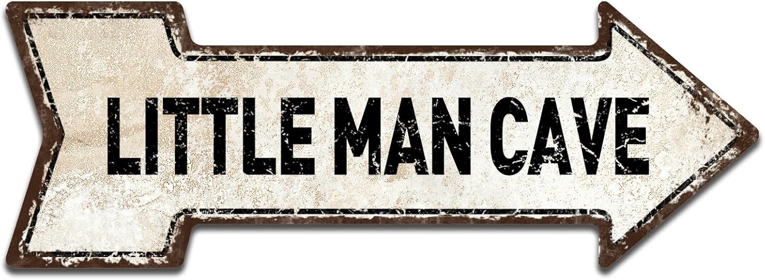 Mukuko Little Man Cave Metal Tin Sign, 6" x 18" | Toddler Boy Room Decor, Arrow Design, Kids Room Signs For Door, Boys Only Sign