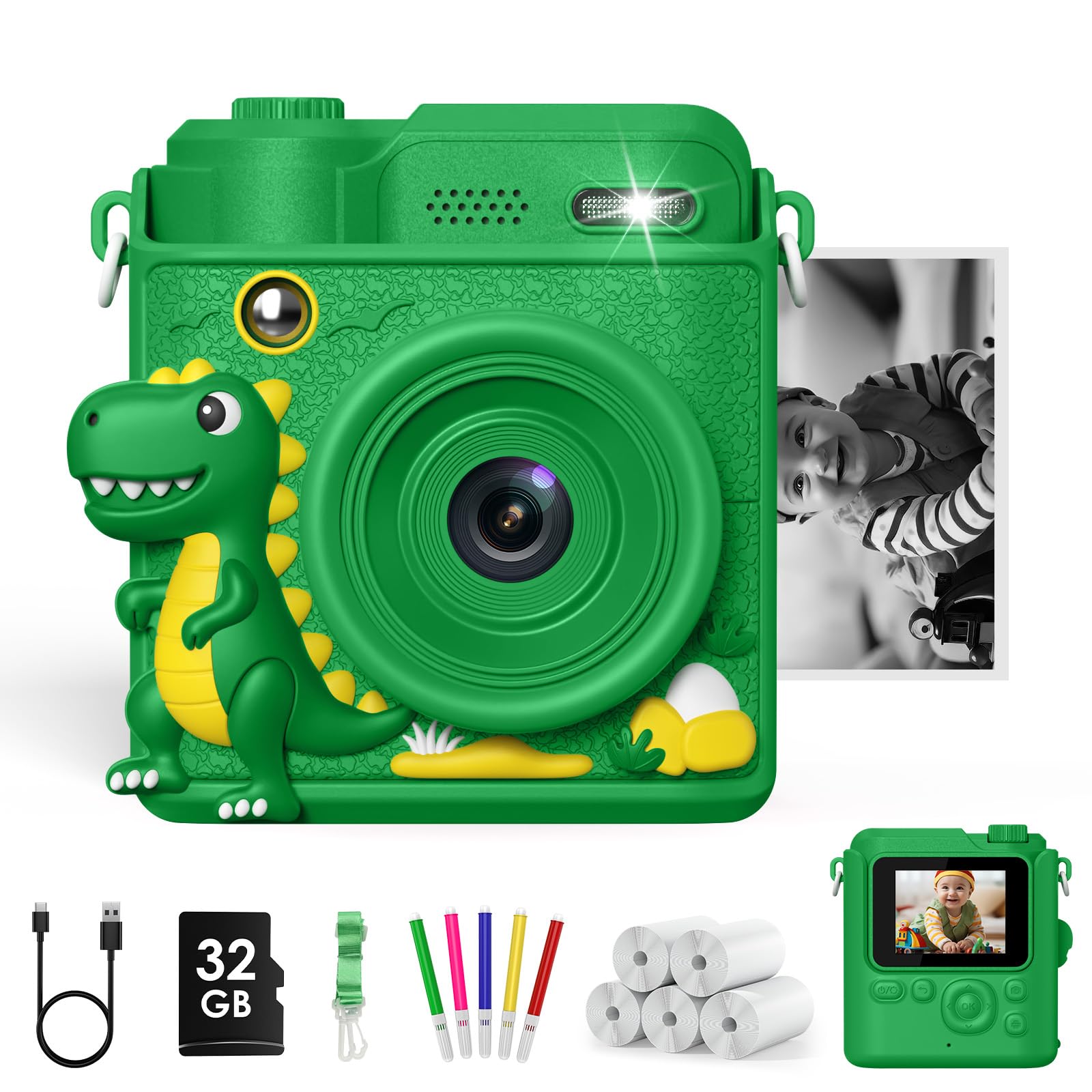 Gofunly Kids Camera Instant Print, 1080P Digital Camera for Kids with 32GB Card & 5 Print Paper Rolls