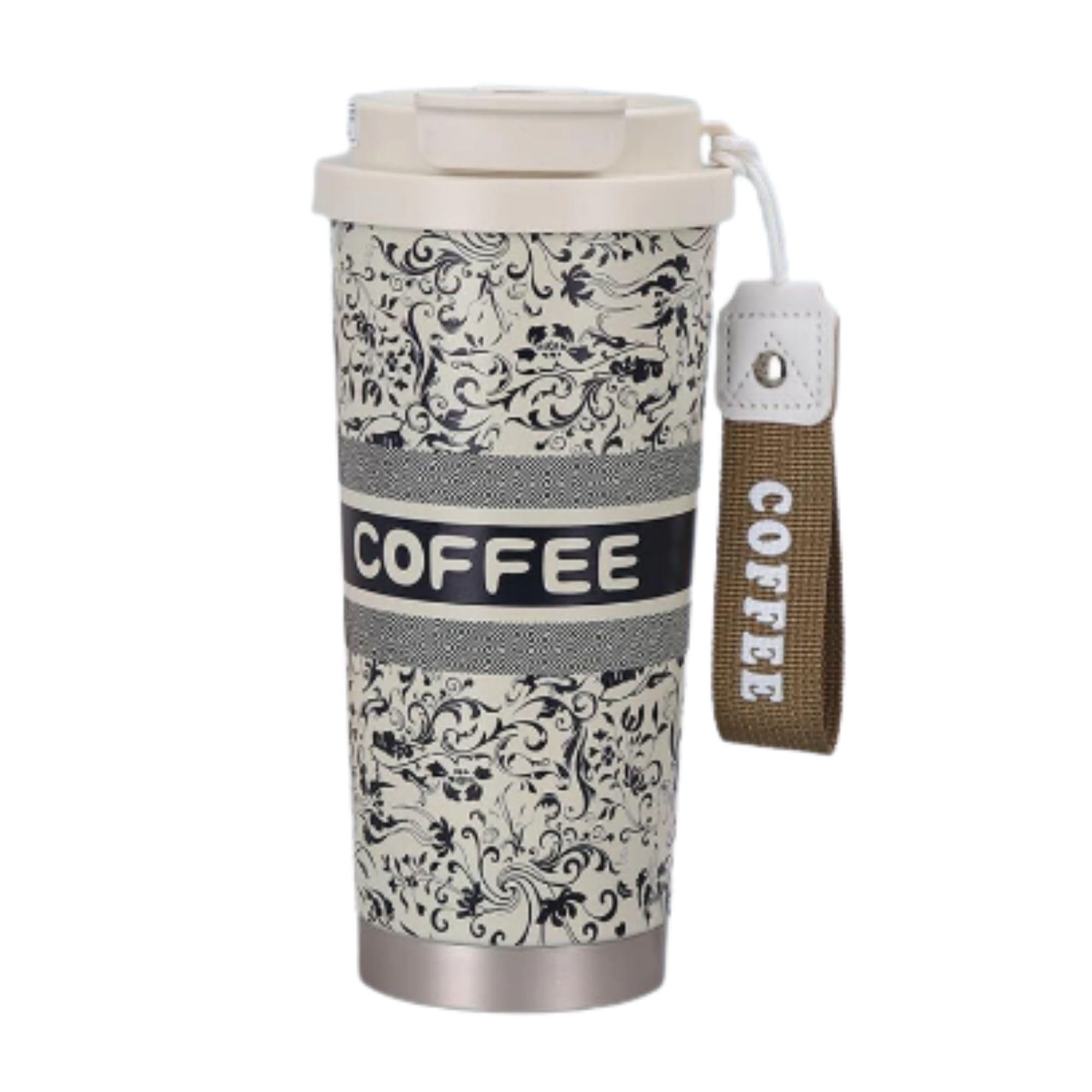500ml Stainless Steel Coffee Travel Mug with Lid & Carry Strap Vacuum Insulated Leakproof Reusable Thermal Coffee Tumbler for Office Travel Car & Home Hot & Cold Beverage Cup (Black-White)-image-34