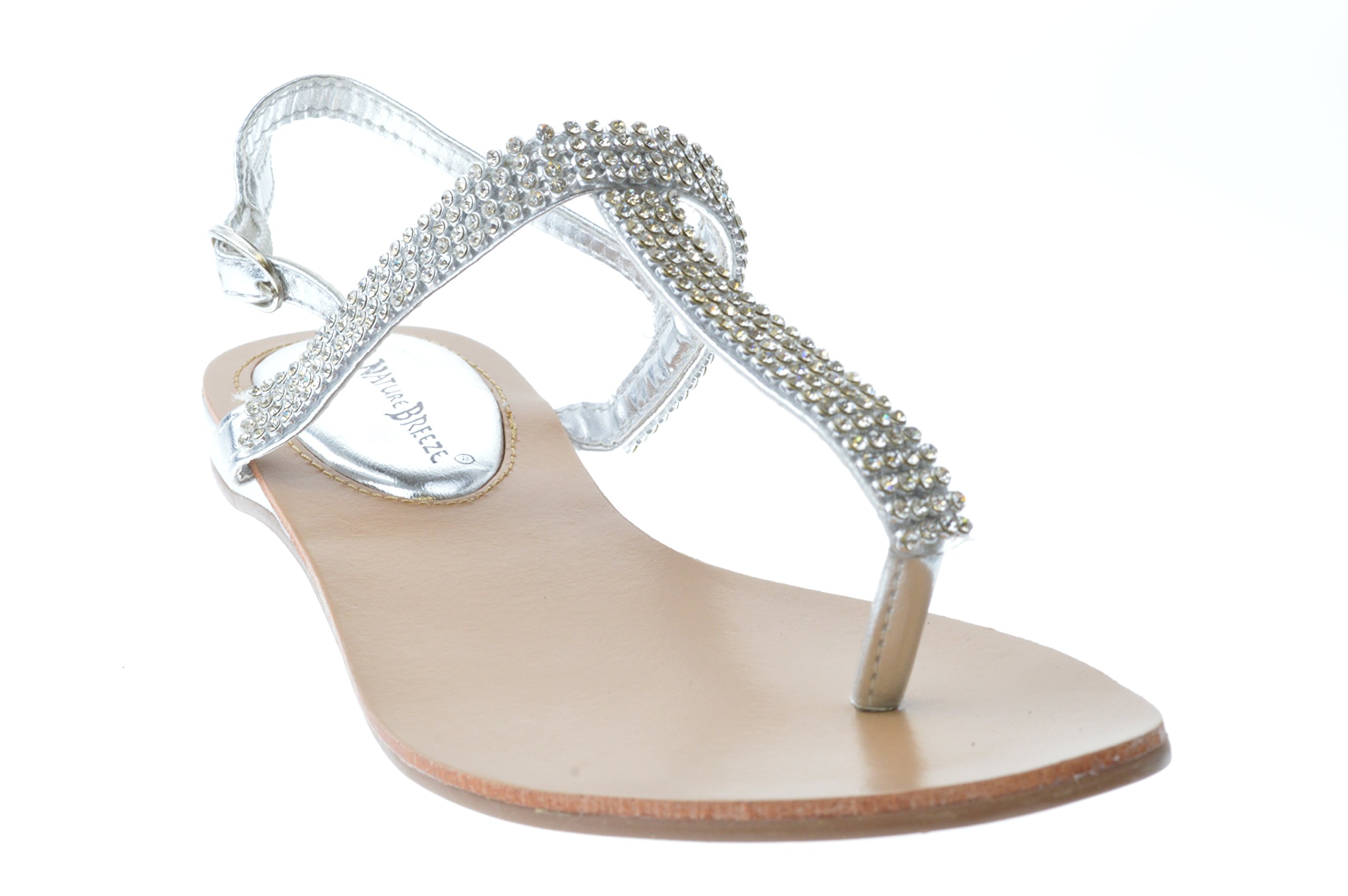 Nature Breeze Kylie 08 Gladiator Rhinestone Thong Flat Sandals Silver